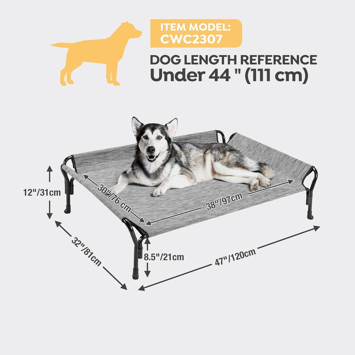 Veehoo Cooling Elevated Dog Bed, Dog Cots for Large Dogs, Raised Dog Bed with Guardrail & Slope Headrest, Durable & Breathable Teslin Mesh, Dog Sofa Bed for Indoor & Outdoor, Large, Black Silver