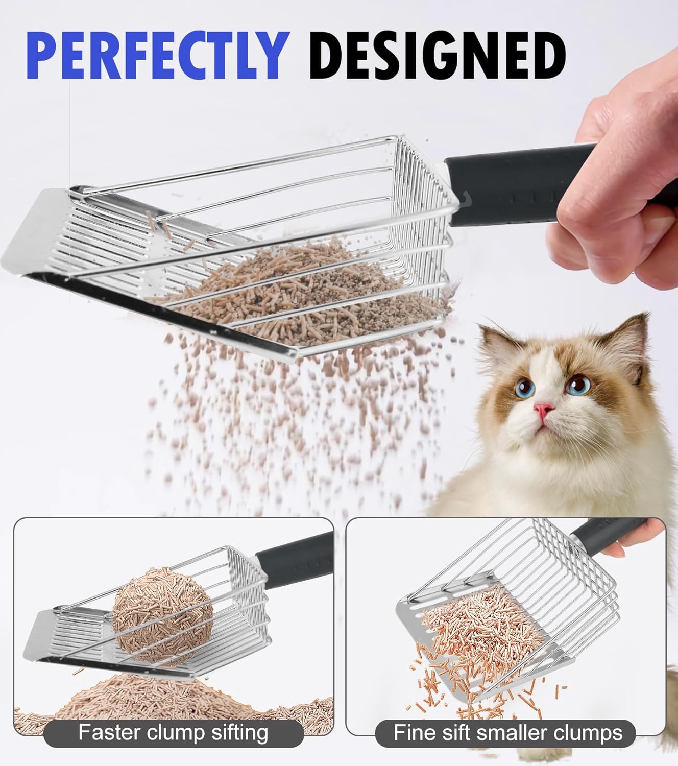 Cat Litter Scoop, Solid and Durable Kitty Metal Scooper, Stainless Steel Sifter, Heavy Duty, for Litter Box, Black Rubber Handle, Included Stainless Steel Hook