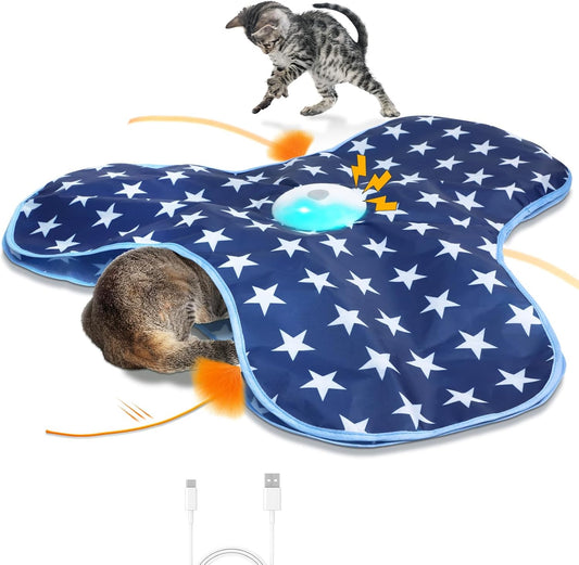 Interactive Cat Toy Rechargeable, Cat Exercise Toys for Indoor Bored Adult Cats, Hide and Seek Toy with Motion Activated, Moving Feather, Chirping