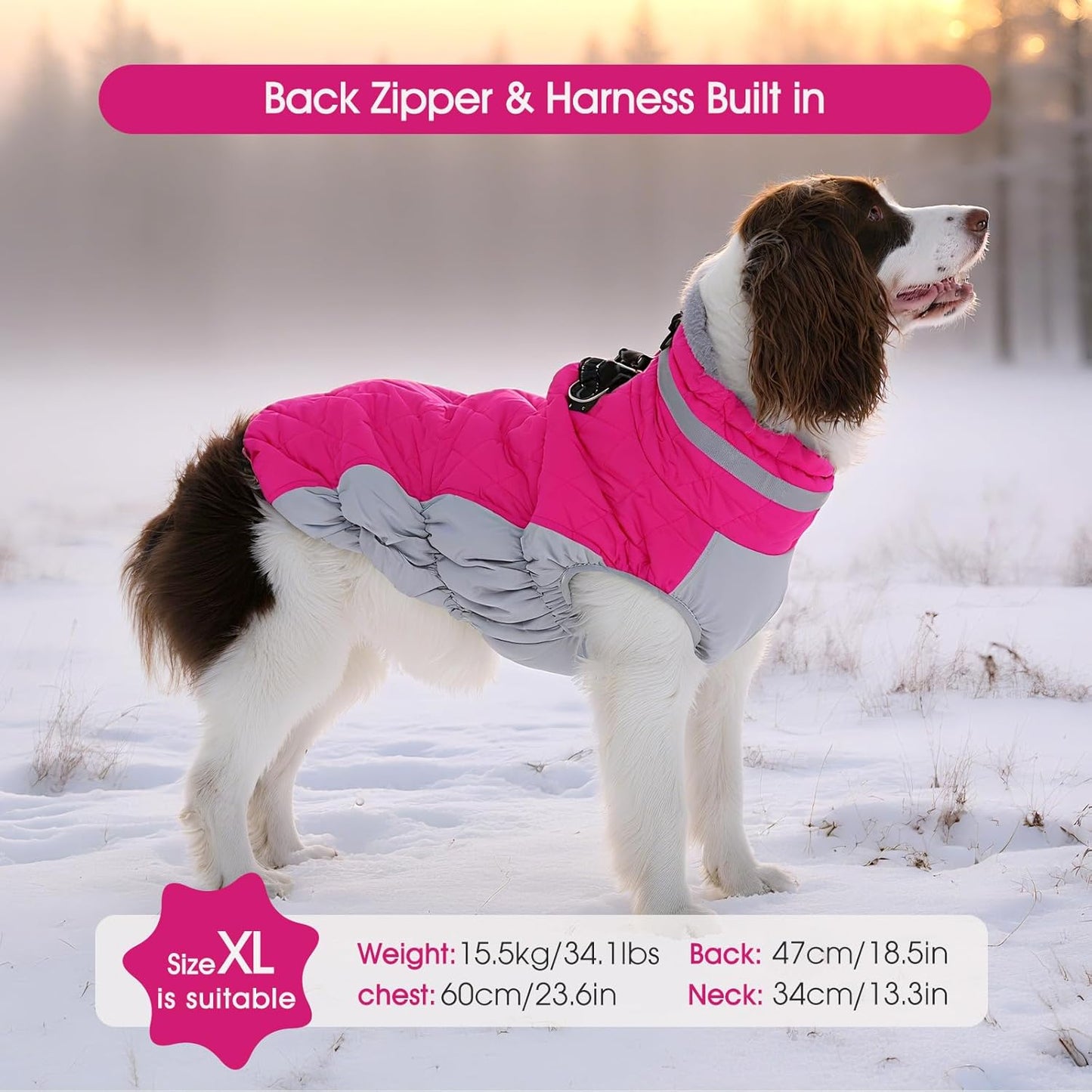 FUAMEY Dog Coat, X-Large, Pink, Faux Fur, Turtle Neck, Zipper, Water Resistant, Reflective, Windproof, Fitted for Large Breeds