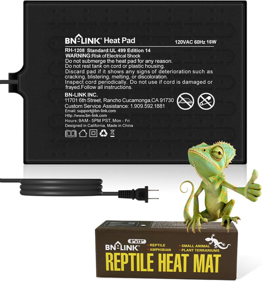 BN-LINK Reptile Heat Pad 8"X12" 16W for 30-40gal Under Tank Terrarium Heating Mat Waterproof for Turtle, Lizard, Frogs, Snake, Hermit Crab