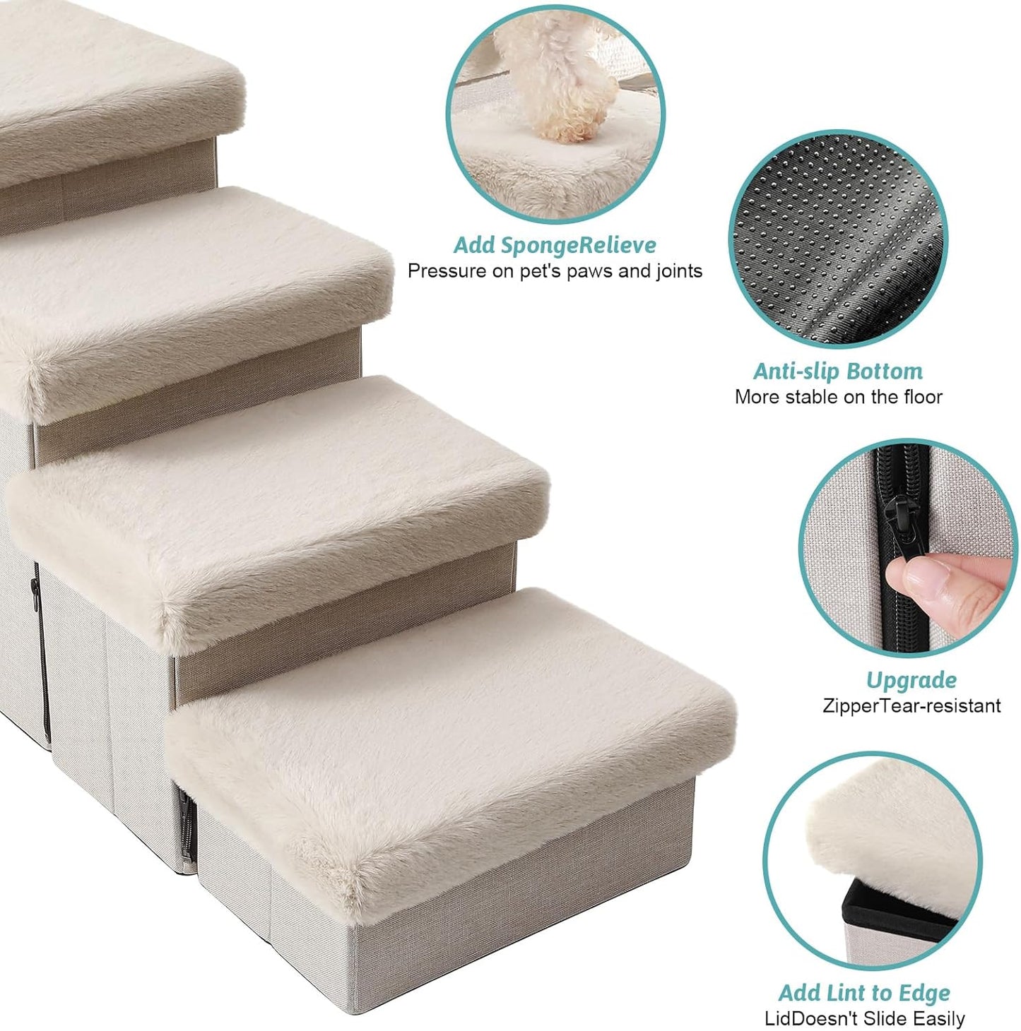 Dog Stairs for Small Dogs with Storage and Condo, 17.5" H Foldable Pet Stairs for Small Medium or Puppy Dogs and Older Cats, Dog Steps for Bed or Couch, 13x35x17.5 inch, 4 Tiers, Beige