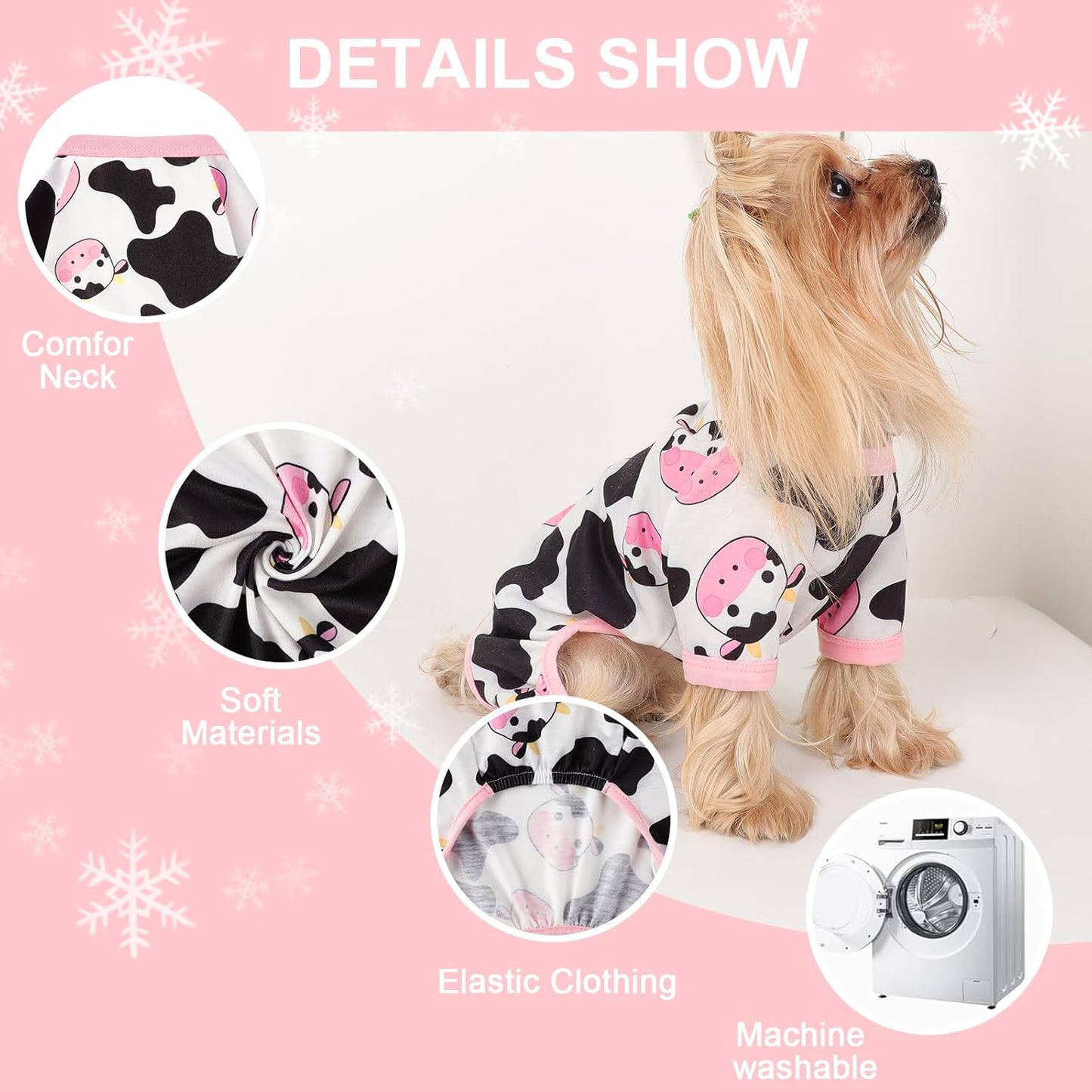 Dog Pajamas Small Sized Dogs Stretchable Summer Dog Clothes Pjs 4 Legs Girl Boy Cute Soft Puppy Outfits Doggie Cat Jammies Jumpsuit Sleeper for Pet, Pink Cow, XS