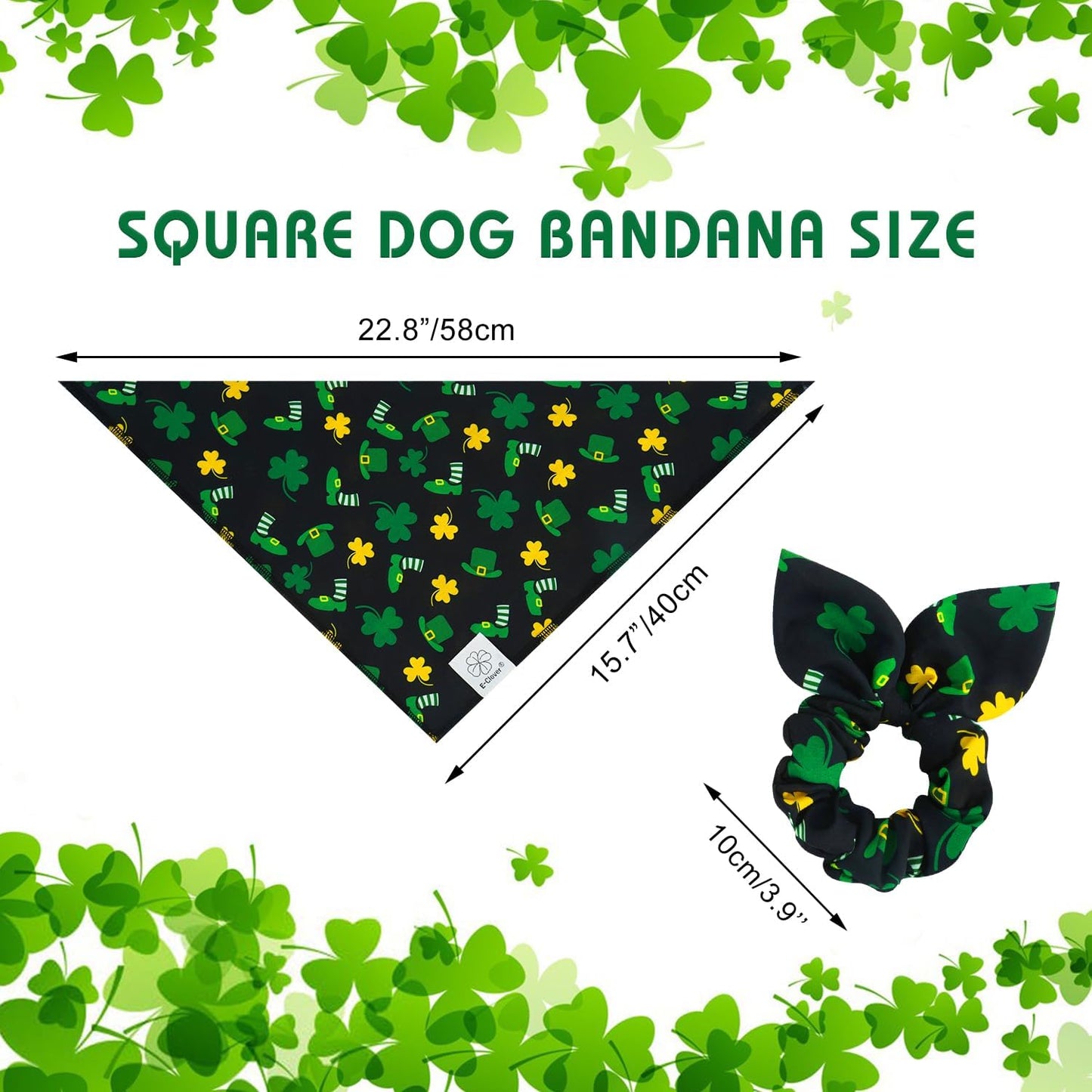 E-Clover Dog Bandana Boy & Matching Scrunchie-Shamrock Dog Bandanas Irish Pet Scarf Bib for Samll Dogs Puppy Girl Owner Gift Dark Green