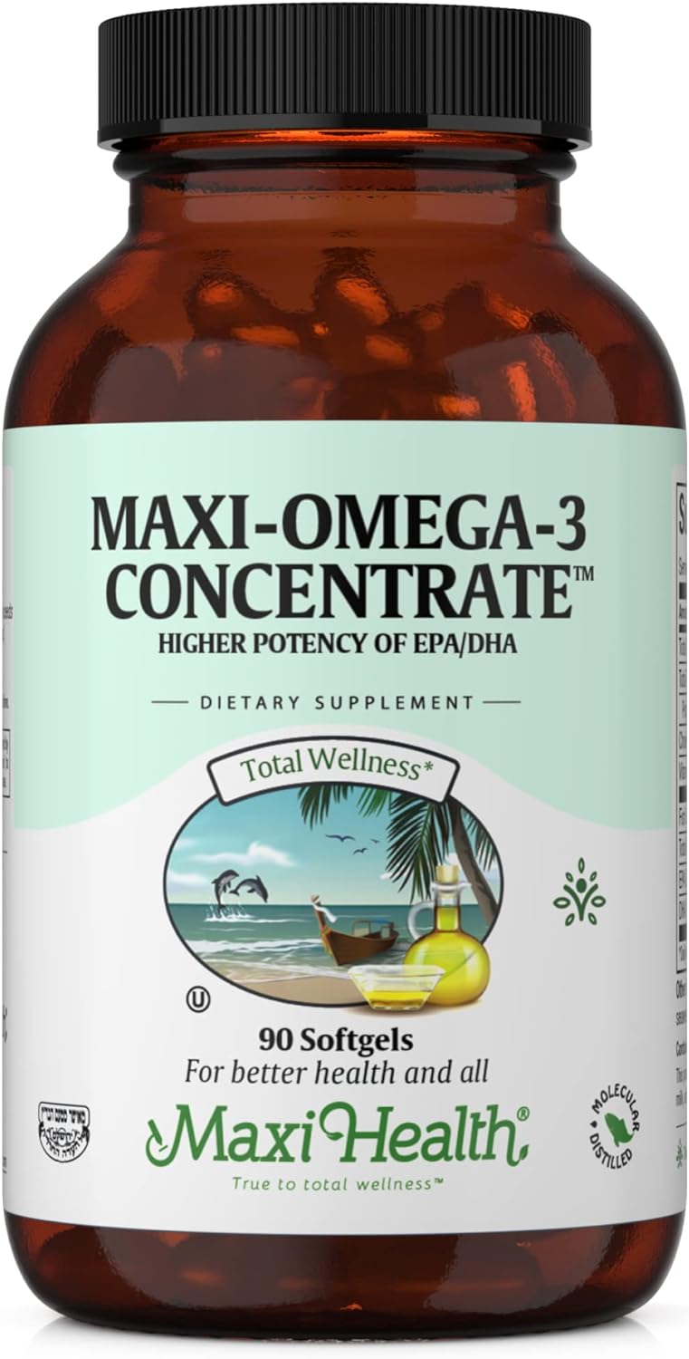 Maxi Health Omega 3 Supplement - Omega-3 Fish Oil Concentrate - Higher Potency Source of EPA/DHA Fatty Acids - Heart, Brain & Joint Health - Kosher Certified Wild Caught Fish - 90 Vegetarian Softgels