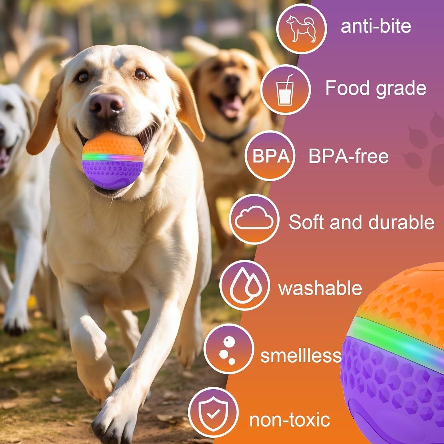 Interactive Dog Toys Ball, Automatic Rolling Toy, Lively pet Ball for Medium/Large Dogs to Relieve Boredom, Activated Automatic Motion Dog Balls Toy with LED Flash, USB Rechargeable (Orange+Purple)