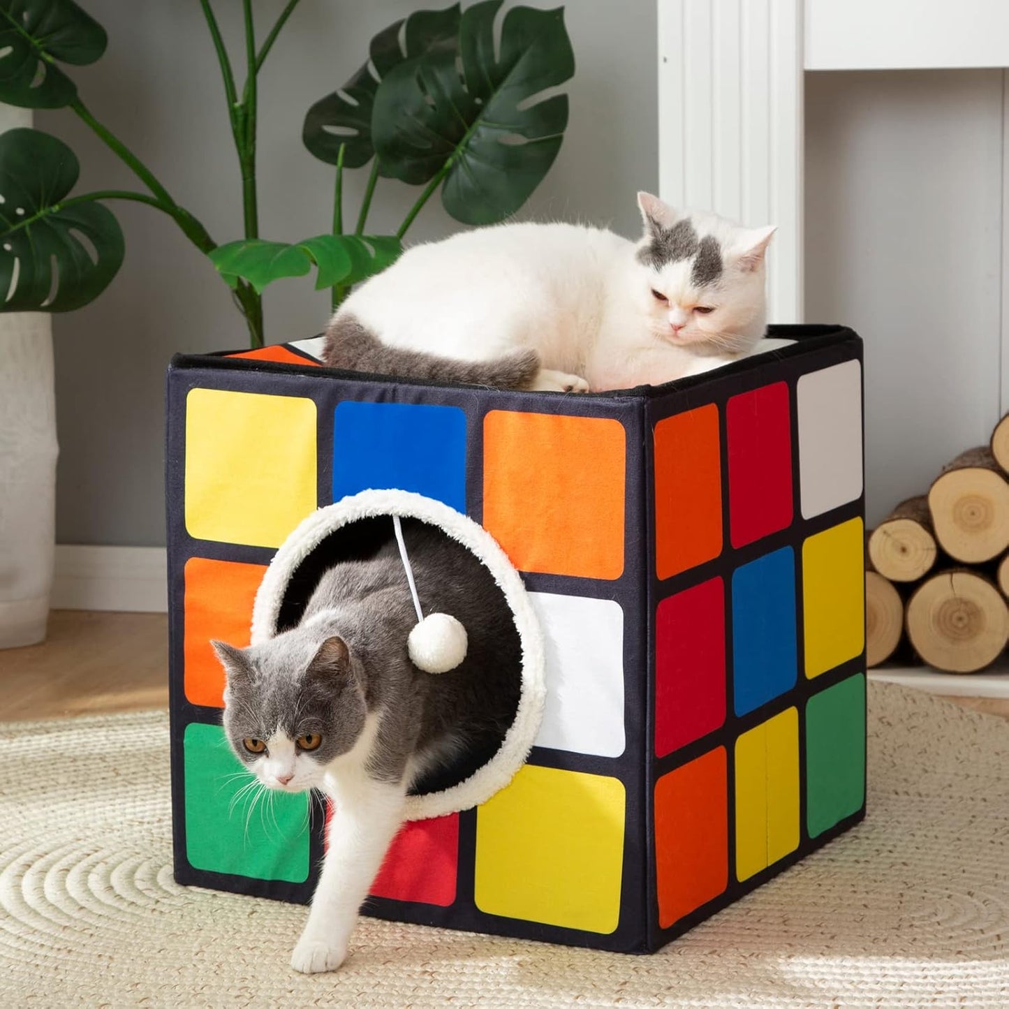 LUCKITTY Cat Condo House with Reversible Cushions and Fluffy Ball Hanging, Foldable Magic Cube, Large Cave Bed for Indoor Cats, Unique Puzzle Shape Lagre 16.5“ x 16.5" x 16.5”