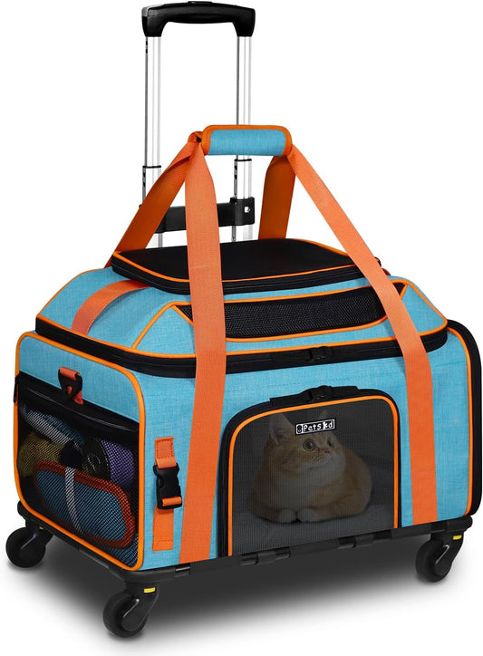 Petskd Top-Expandable Pet Carrier with Wheels 19x13x9 Inches Southwest Allegiant Airlines Approved, Soft-Sided Carrier for Small Dog Under 12 lbs and Large Cat Under 15 lbs(Blue)