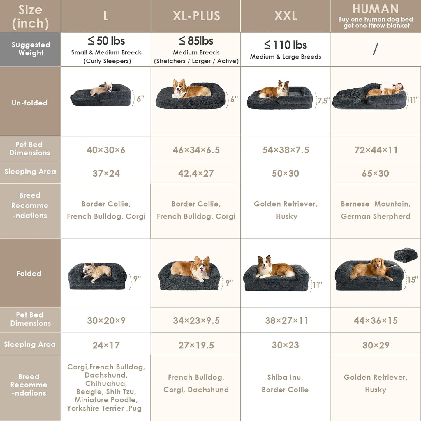 EHEYCIGA Human Dog Bed for Kids, Foldable XXL Dog Bed, Faux Fur Fluffy Pet Couch Bed, Orthopedic Calming Memory Foam Big Pet Bed, Washable Pet Sofa Bed with Non-Slip Bottom, Dark Grey, 54"x38"x7.5"