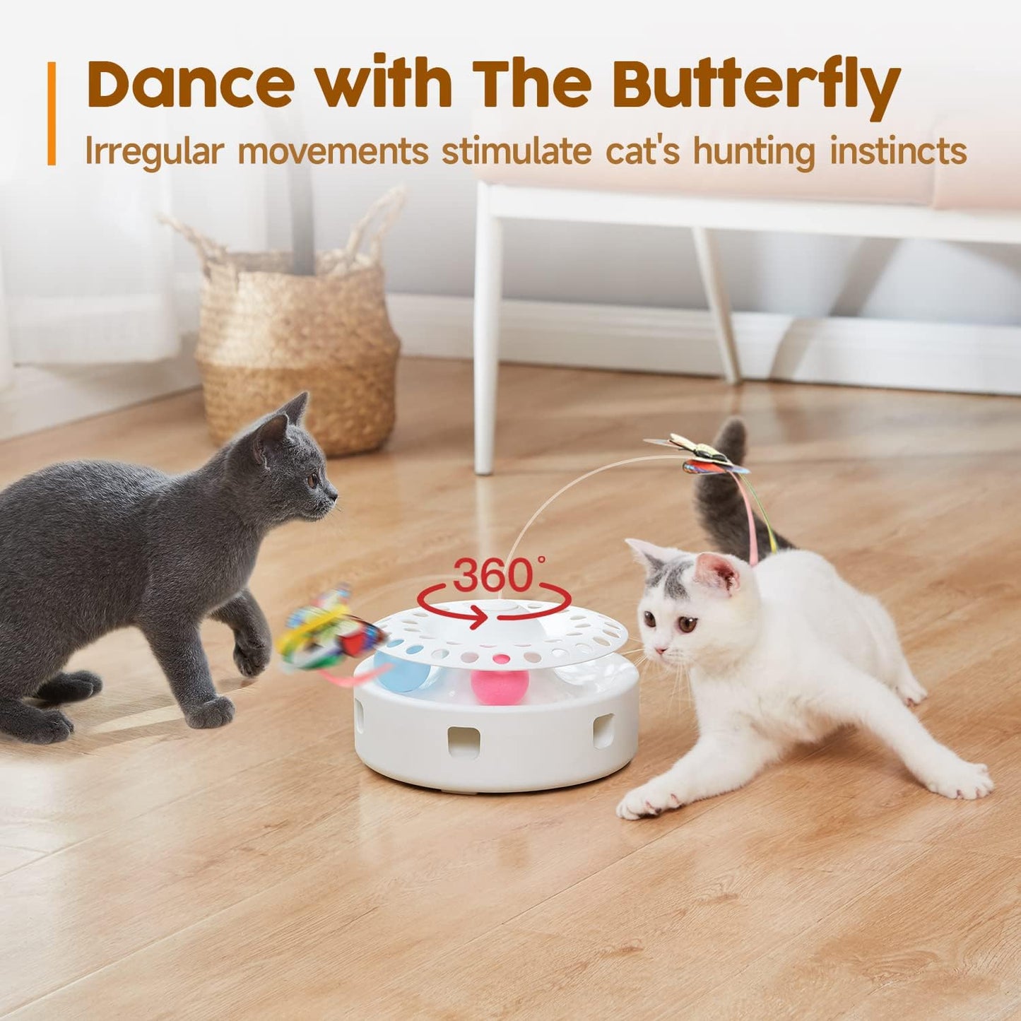 Potaroma Cat Toys 3in1 Automatic Interactive Kitten Toy, Fluttering Butterfly, Moving Feather, Track Balls, Dual Power Supplies, USB Powered, Indoor Exercise Kicker (Bright White)