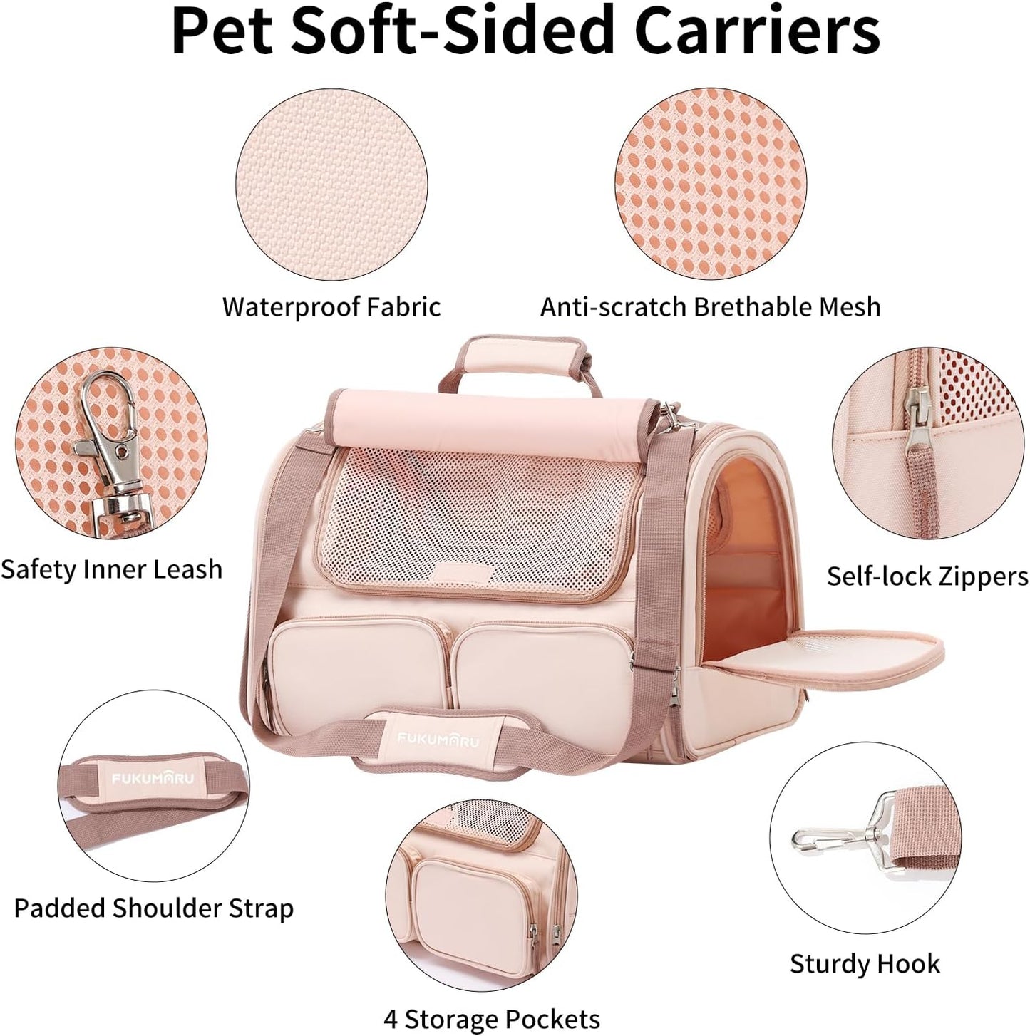 FUKUMARU Cat Carrier, 4 Mesh Windows Small Dog Carrier, 4 Storage Pockets Cat Travel Bag, Under 15 lb Airline Approved Pet Carrier, Rollable Cover for Nervous Cats, Pink