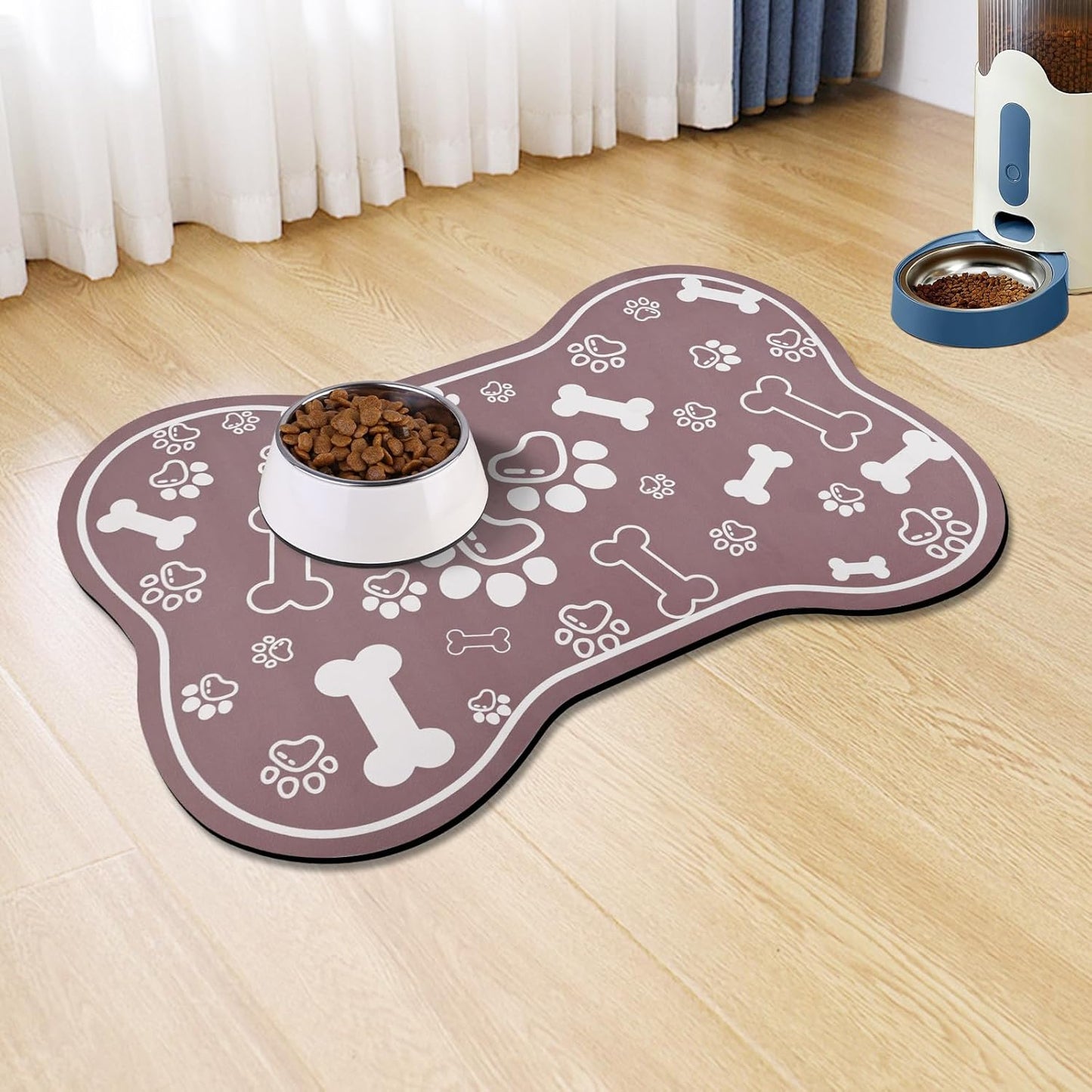 Dog Cat Mat for Food and Water,Rapid Absorbent Pet Feeding Mat, Bone Shaped Dog Placemat Bowl Mat with Rubber Backing,No Stains Pet Food Mats Indoor, Pet Accessories Supplies,Brown 16"×24"
