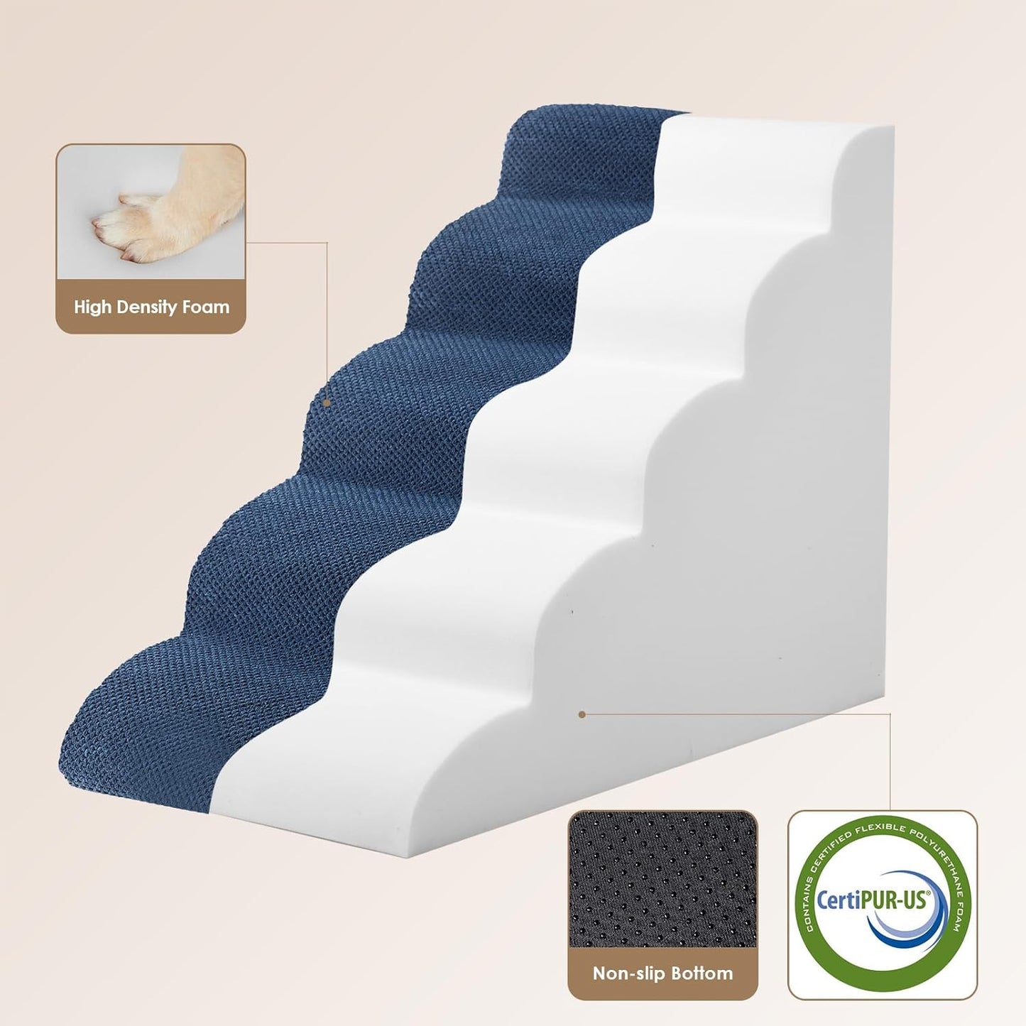 EHEYCIGA Curved Dog Stairs Ramp for High Beds 22.6" H, 5-Step Dog Steps for Small Dogs and Cats, Pet Stairs for High Bed Climbing, Non-Slip Balanced Pet Step Indoor, Navy