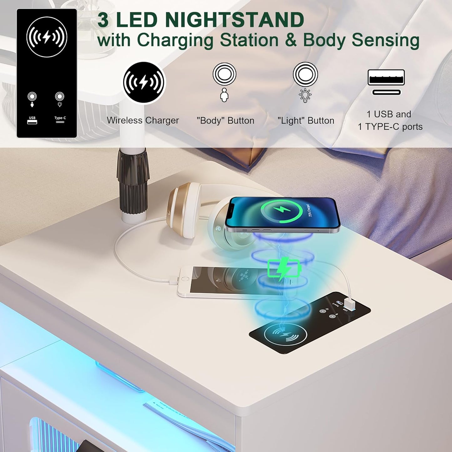 HNEBC Nightstand Set of 2, LED Nightstand with Wireless Charging Station/USB Ports,Smart Nightstand Has Adjustable Rotary Workstation with 2 Drawers,Modern Bedside Table for Bedroom Furniture(White)