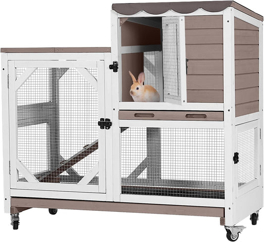 Rabbit Hutch Outdoor Indoor,Two Story Wooden Bunny Cage with Casters,Guinea Pig Cage for Small to Medium Animals with Waterproof Roof and Leakproof Tray