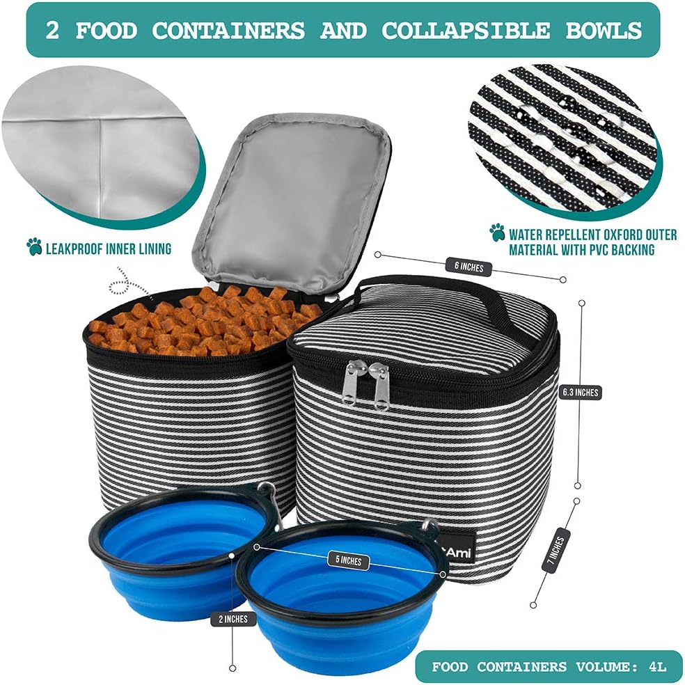 PetAmi Dog Travel Bag Backpack, Airline Approved Dog Bags for Traveling, Puppy Diaper Bag Supplies, Pet Camping Essentials Hiking Accessories Dog Gift, Food Container, Collapsible Bowls, Stripe Black