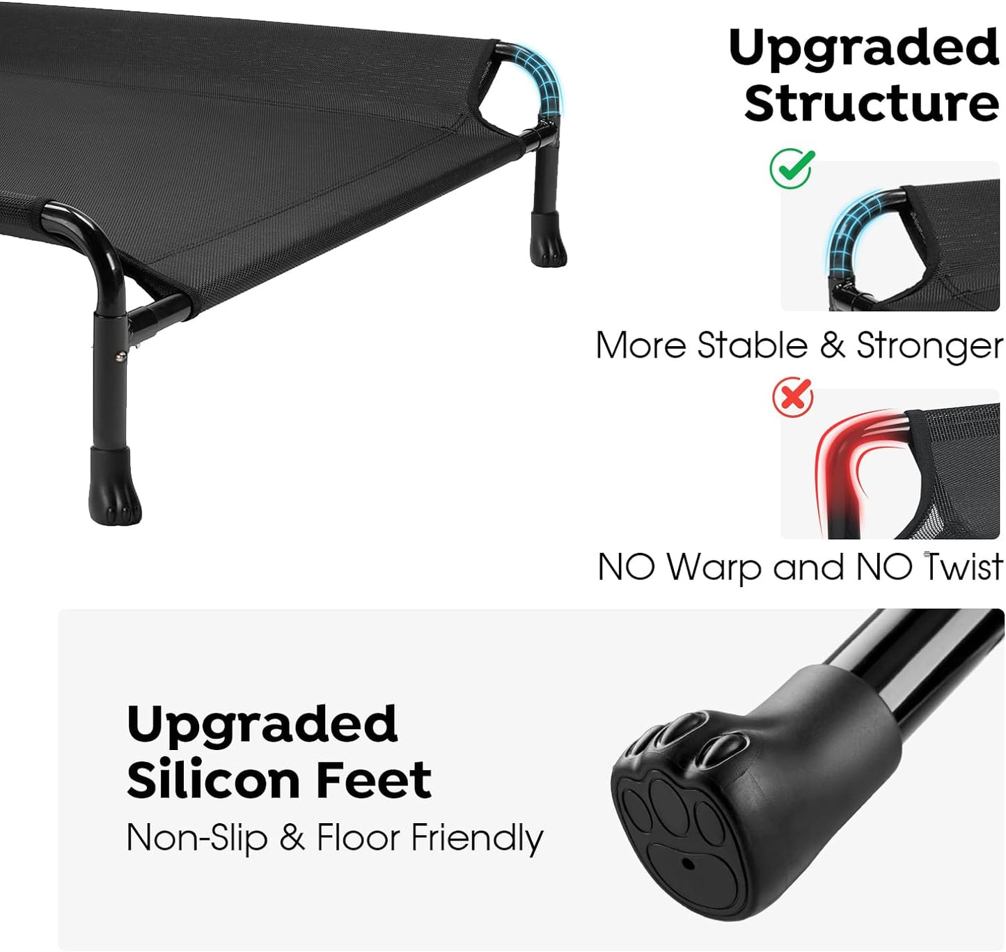 Veehoo Elevated Dog Bed, Cooling Raised Dog Bed with Guardrail & Headrest, Upgraded Non-Slip Silicon Feet, Breathable Teslin Mesh, Portable Pet Cot for Indoor and Outdoor, 35 x 22 Inches, Black