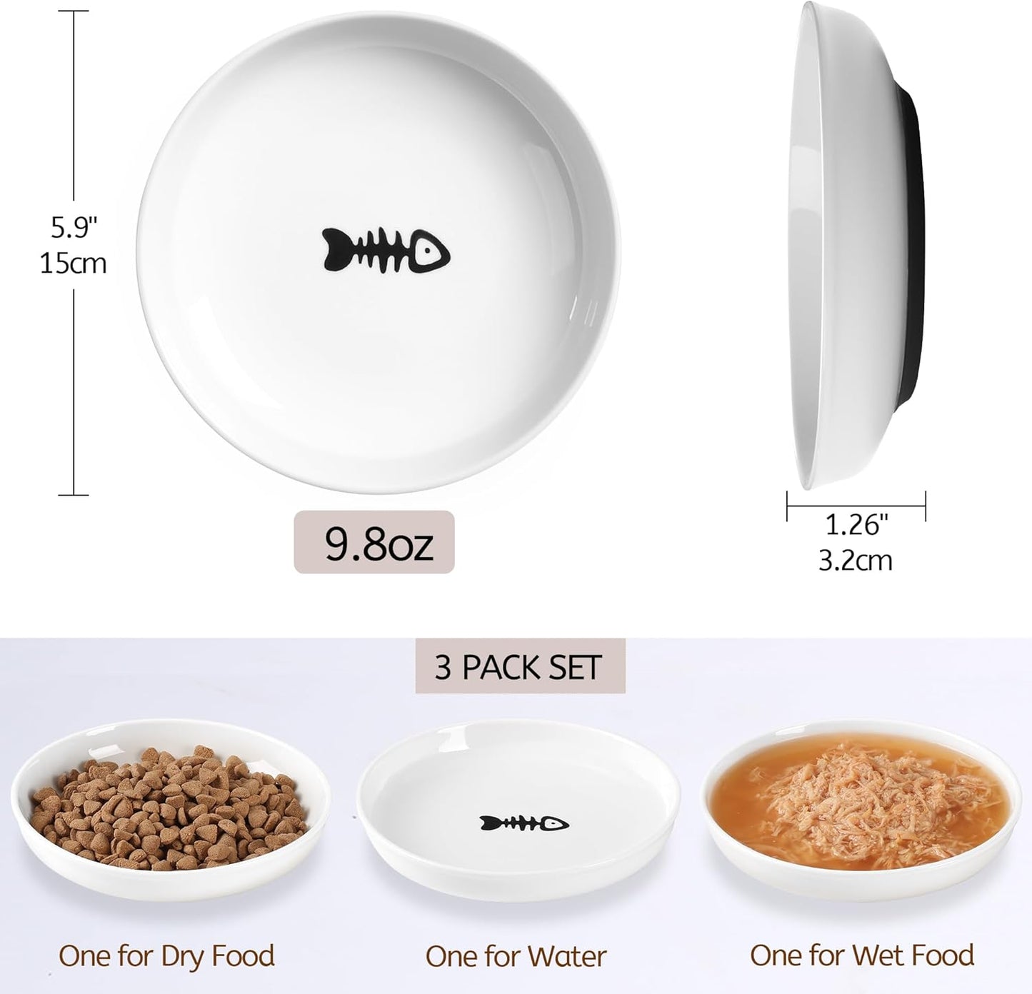 No Spill Cat Bowls,Cat Food Bowl,Anti Whisker Fatigue Healthy Ceramic Cats Dishes Set for Indoor Cats,Shallow Wide Kitten Plates for Food and Water,Non-Slip Silicone Bottom,6 Pack