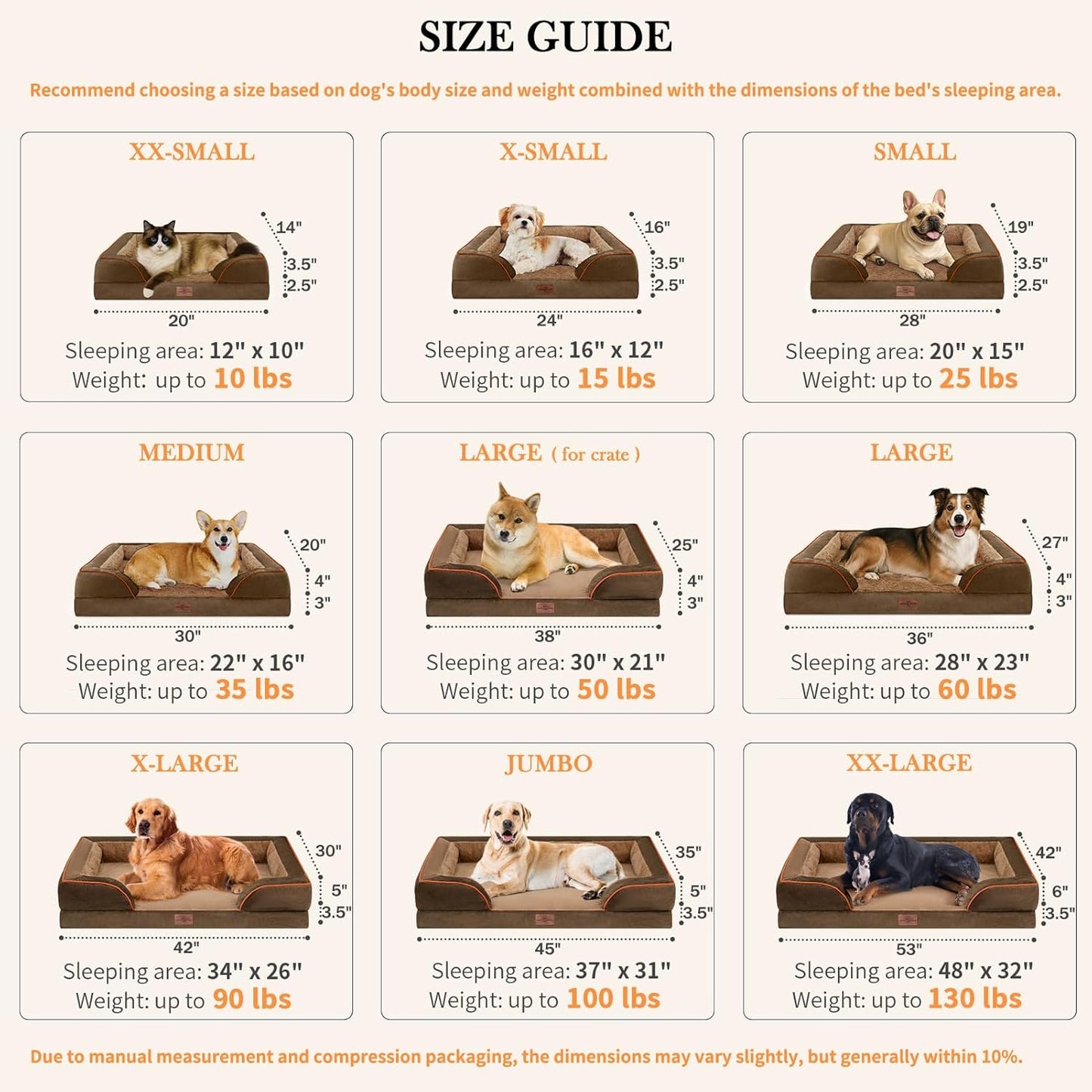 Comfort Expression Large Dog Beds Waterproof Orthopedic Foam Dog Sofa Beds Comfy Pet Bed with Washable Removable Cover & Non-Slip Bottom(Large,Brown)