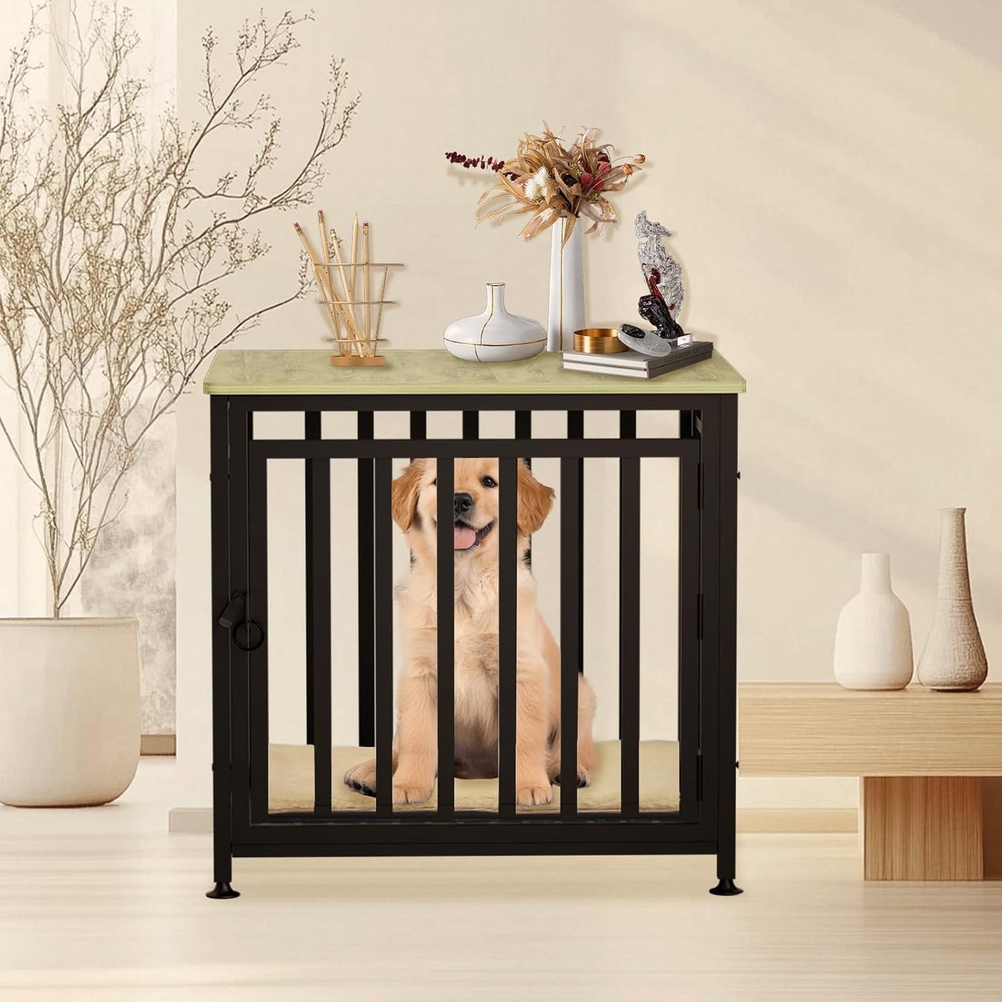 Heavy Duty Dog Crate Furniture, Dog Kennel Indoor, Anti-Chew Anti-Escape End Side Table Wooden Dog Crate for Small Dog（Fir Green）