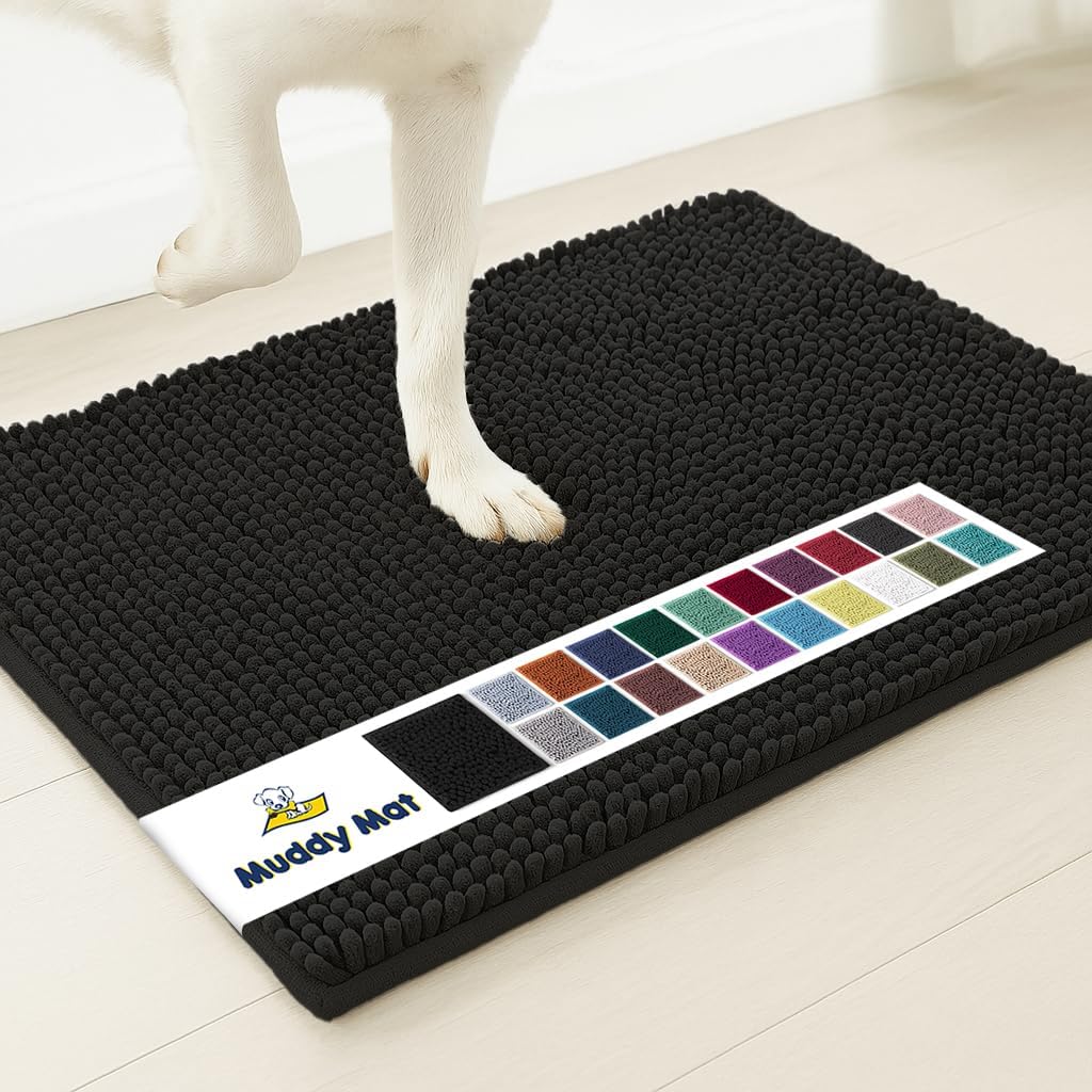Muddy Mat® AS-SEEN-ON-TV Highly Absorbent Microfiber Door Mat and Pet Rug, Non Slip Thick Washable Area and Bath Mat Soft Chenille for Kitchen Bathroom Bedroom Indoor and Outdoor - Black 3ft x 8ft