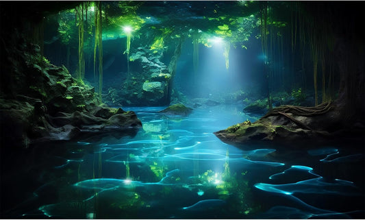 Cave Aquarium Background Underwater Cave with Light Beam Tranquil Stream Terrarium Background Mysterious Elegant Fantasy Tropical Plants Fish Tank Backdrop Wallpaper Poster Decorations Vinyl 48x18in