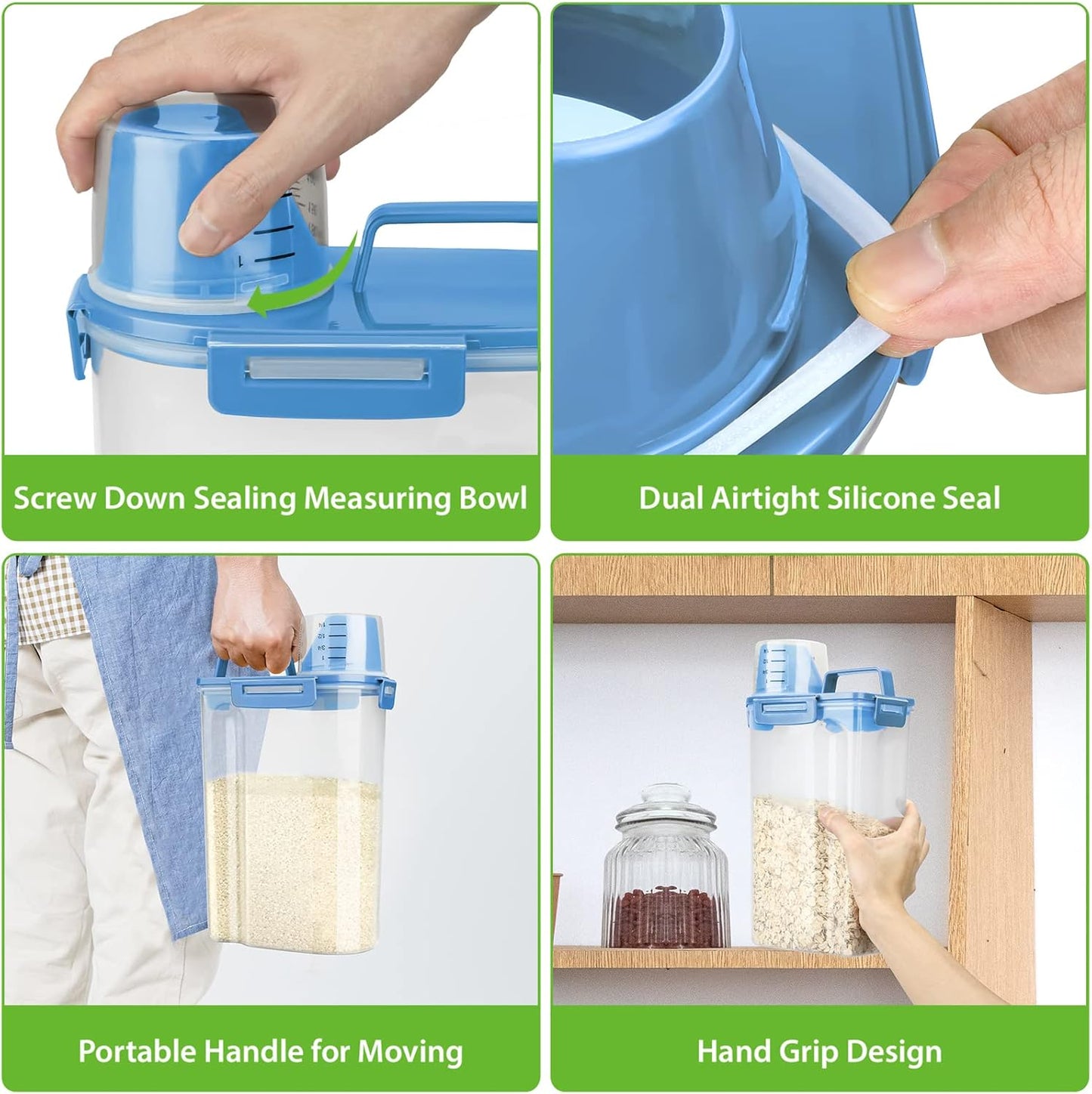 Rice Airtight Storage Container, 3 to 5Lbs Cereal Dry Food Flour Bin, Pet Dog Cat Food Dispenser with Measuring Cup, BPA Free Clear Plastic Kitchen and Pantry Organization Bin for Sugar, Pasta