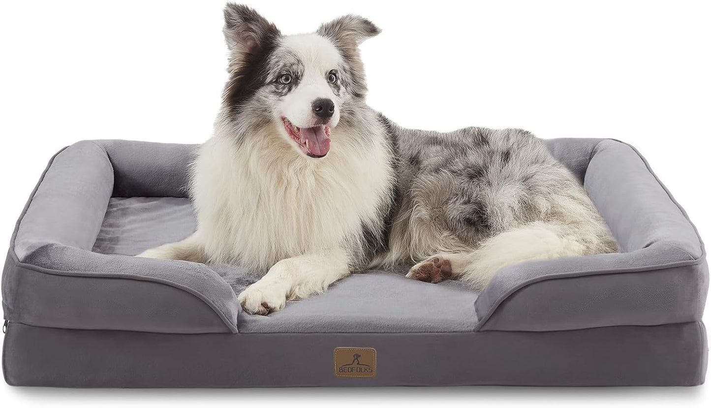 Bedfolks Orthopedic Dog Bed, Big Waterproof Dog Sofa Bed for Large Dogs, Egg Foam Pet Couch Bed with Removable Washable Cover and Nonslip Bottom, Dark Grey