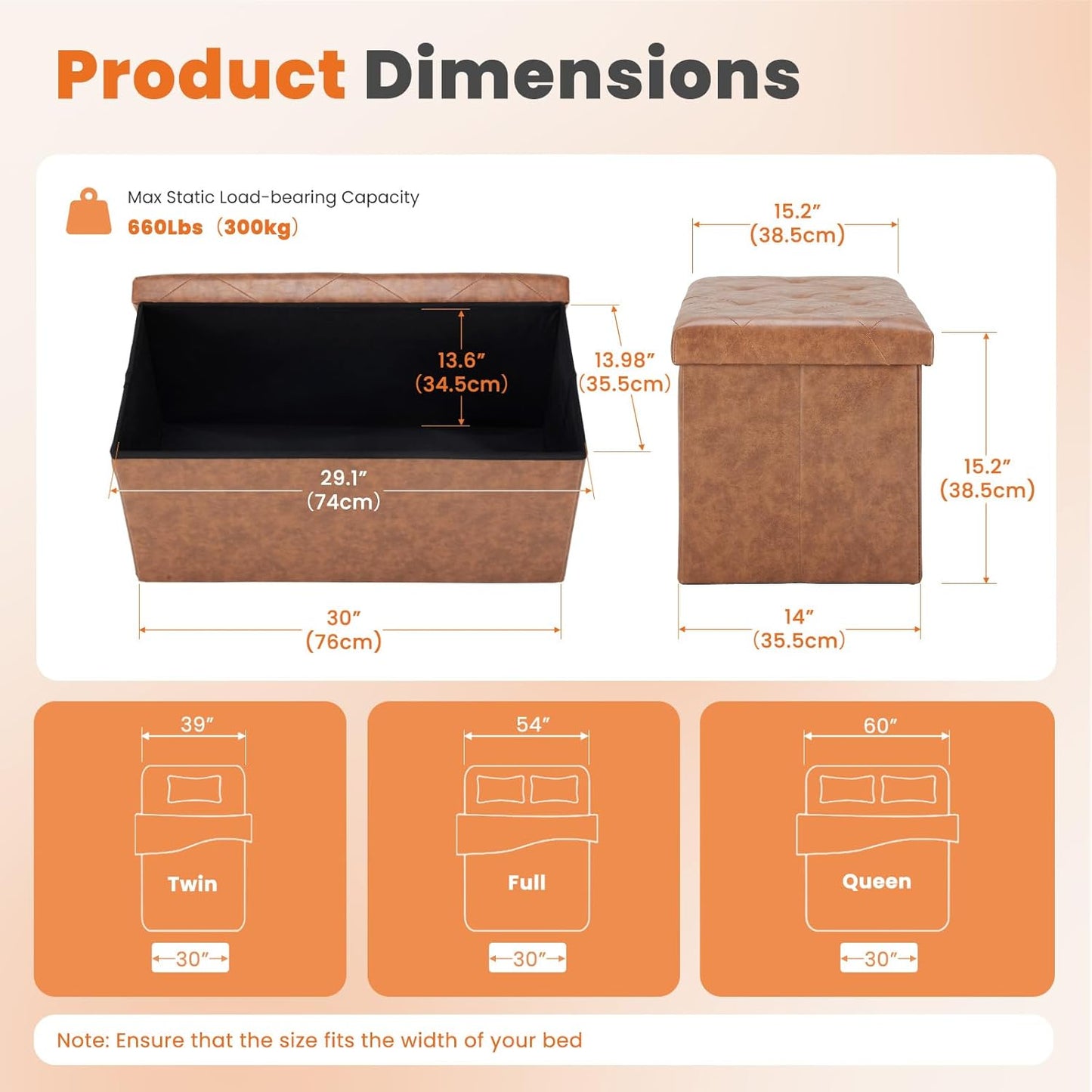 Sweetcrispy 30 Inches Folding Ottoman with Storage Bench, Foot Rest Stool, End of Bed Storage Bench Upholstered, Load 660 lbs, for Living Room, Synthetic Leather, Brown