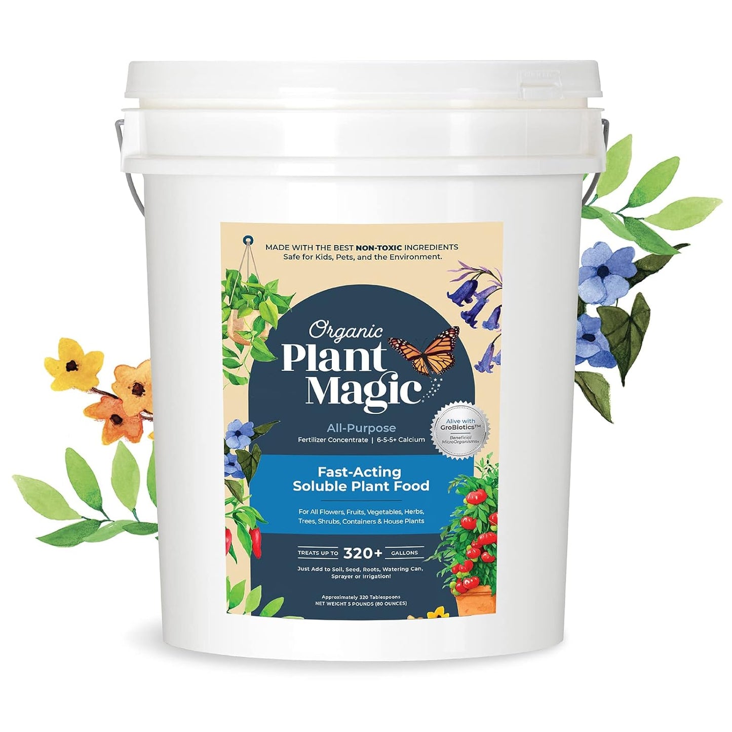 Organic Plant Magic - Truly Organic™ Fast-Acting Soluble Plant Food: All-Purpose Fertilizer Concentrate for All Flower Vegetable Herb Fruit Tree Shrub Container Garden & House Plants [5 lb Bucket]