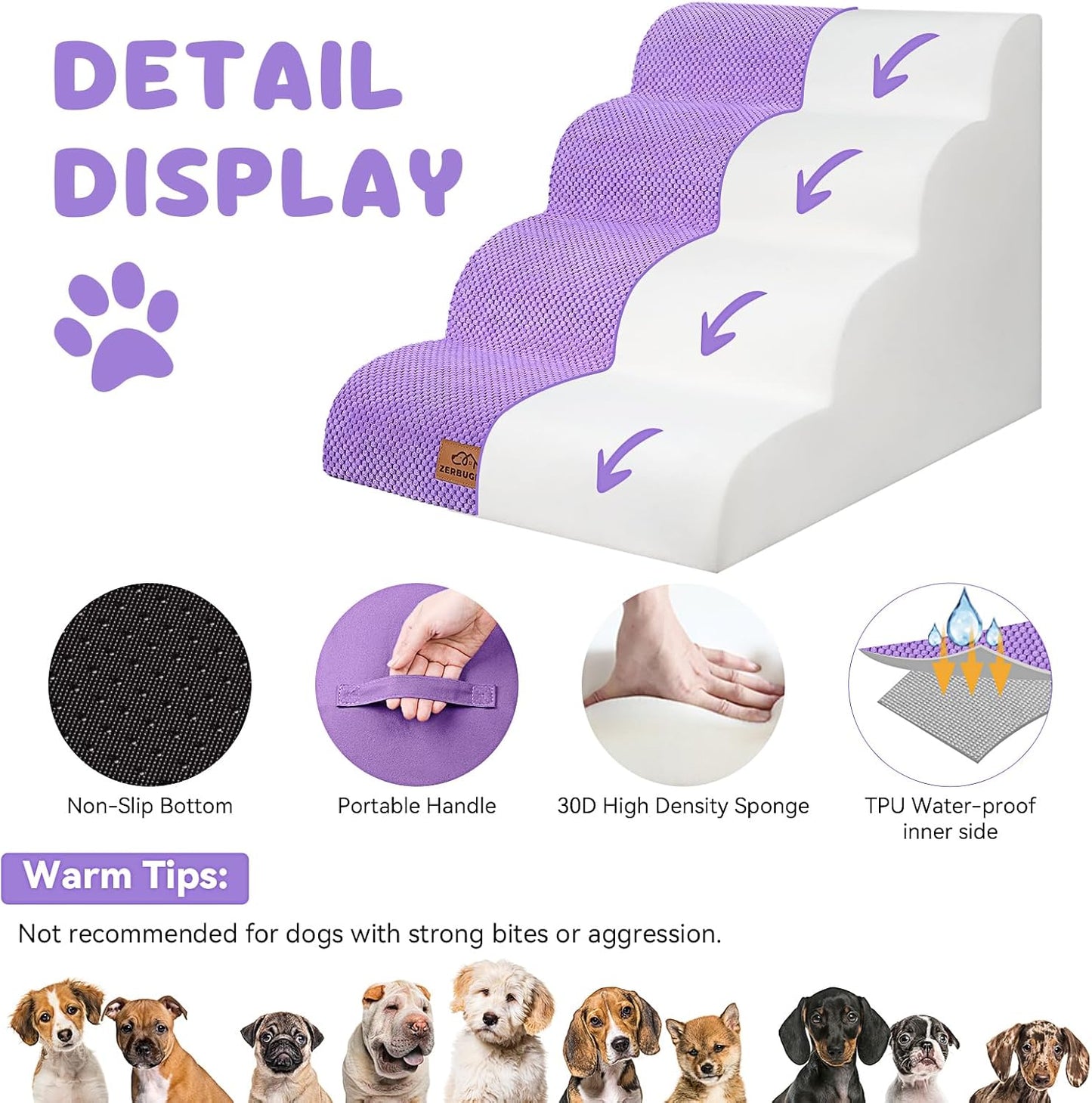 Dog Ramp and Stair for Bed 16" H-20 H,3-Step Cat Stair for Sofa and Chair,4-Step Dog Ramp for High Bed and Window,Durable Nonslip Fabric Cover for Indoor (Purple-20 H, Pet Friendly, 4)