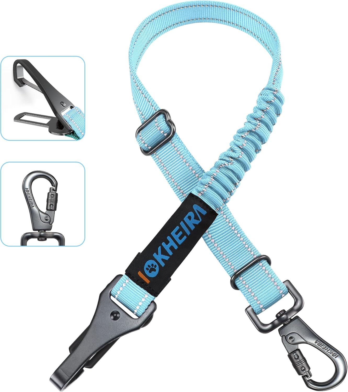 Dog Seat Belt 3-in-1 Car Harness for Dogs Adjustable Safety Seatbelt for Car Nylon Reflective Bungee Fabric Dog Car Harness with Clip Hook Latch & Buckle, Swivel Zinc Alloy Carabiner (Light Blue)