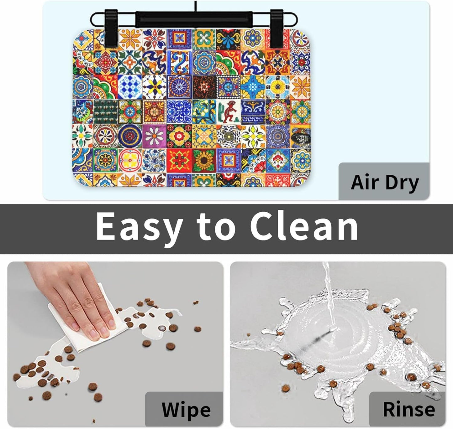 Bohemian Chic Floral Dog Food Mat Absorbent Bowl Mats No Stains Quick Dry Waterproof Pet Cat Placemats for Food and Water, 30x45cm