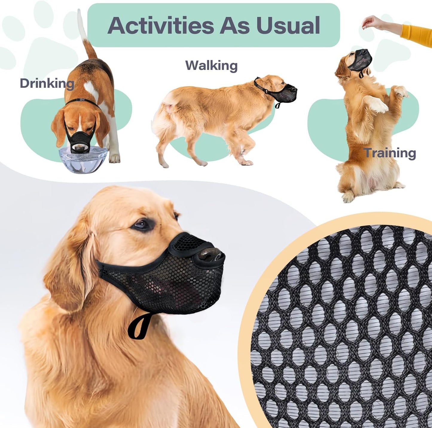 LUCKYPAW Dog Muzzle for Large Medium Small Dogs, Patented Mesh Muzzle to Prevent Biting Chewing Eating, Soft Mouth Guard with Front Opening Design for Drinking Panting(Black, S)