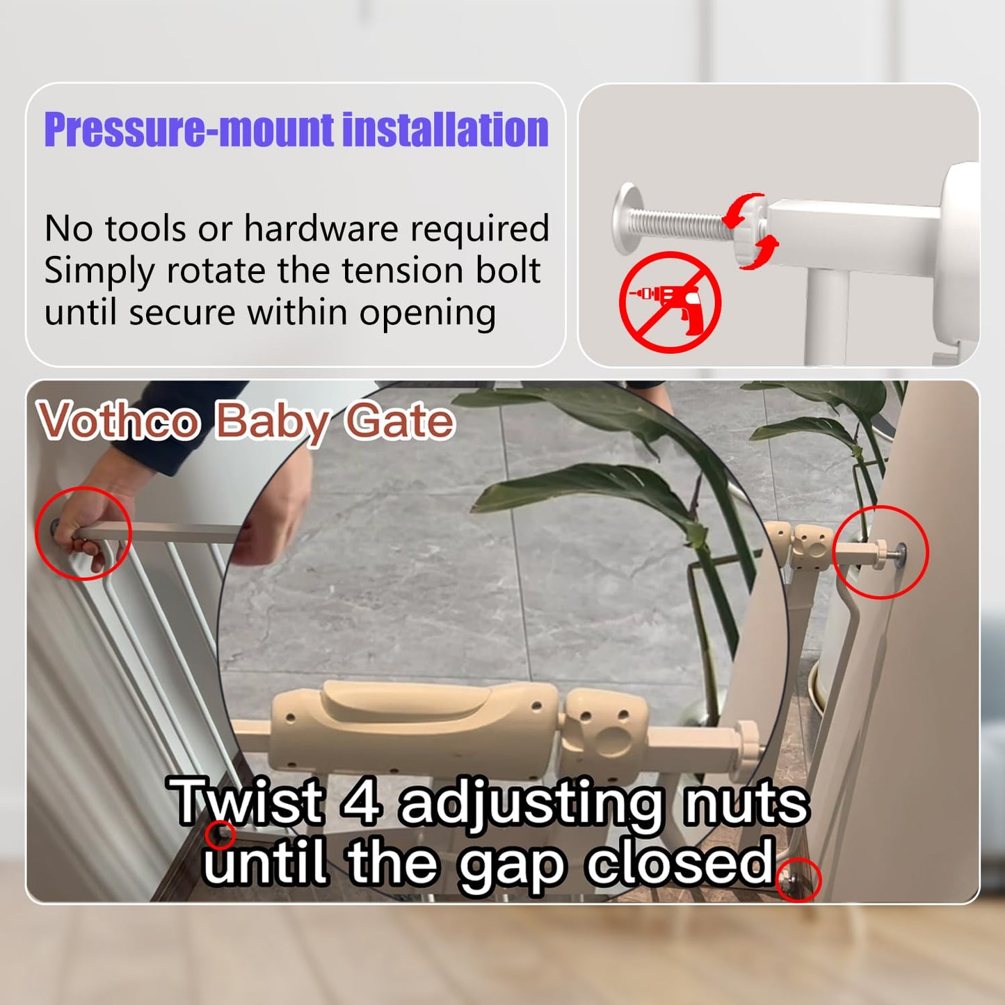 Extra Wide Baby Gate 53-57.5 Inch, Tension Mounted No Drilling, Auto Close Indoor Safety Gate for Stairs & Doorways - Metal Design for Kids and Pets, White