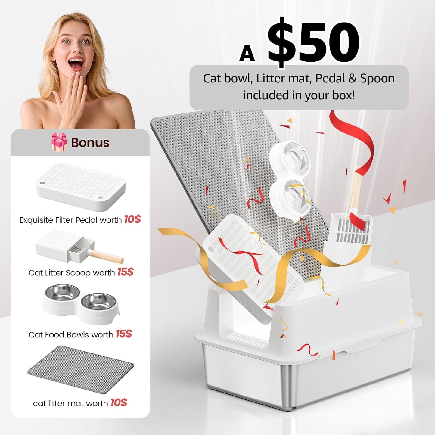 Stainless Steel Cat Litter Box - Enclosed XL Metal Kitty Litter Box with Lid for Big Cats, High Sided, Anti-Leakage, Easy Cleaning, Non-Sticky, Included Litter Mat, Cat Bowl & Spoon