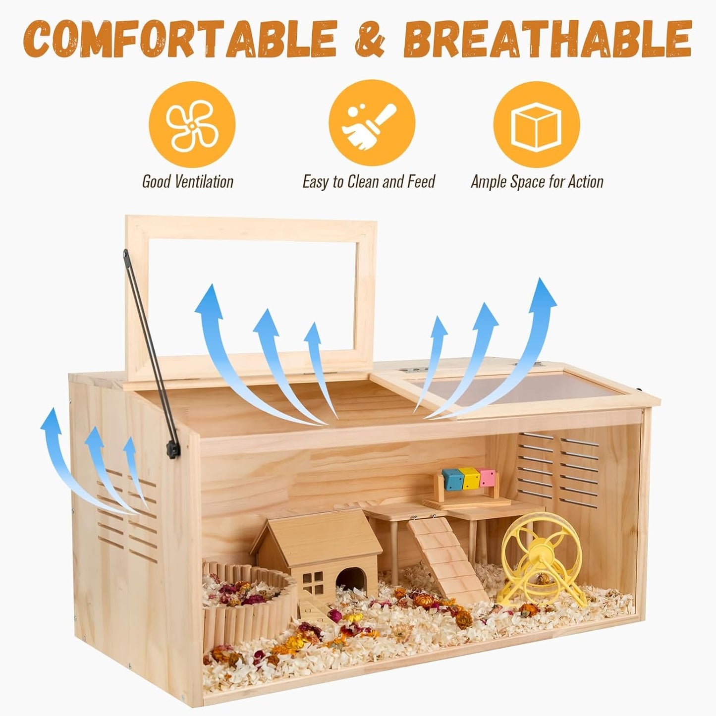 Wooden Hamster Cage,40" L x 20" W x 20" H Animal Cabinet for Dwarf Syrian Hamsters Degus, Hamster Habitat with Openable Top and Large Acrylic Sheets.