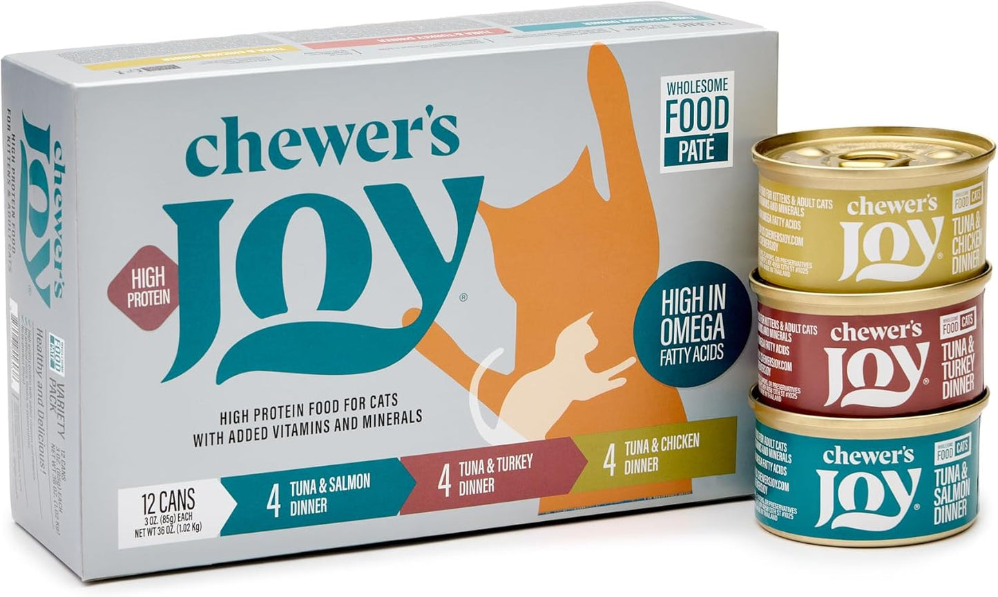 Chewer's Joy Wet Cat Food Variety Pack – 3 Flavors: Tuna & Salmon, Tuna & Chicken, Tuna & Turkey – Natural Pâté – High Protein – Grain Free – Complete & Balanced Nutrition – 24 Cans (3 oz)