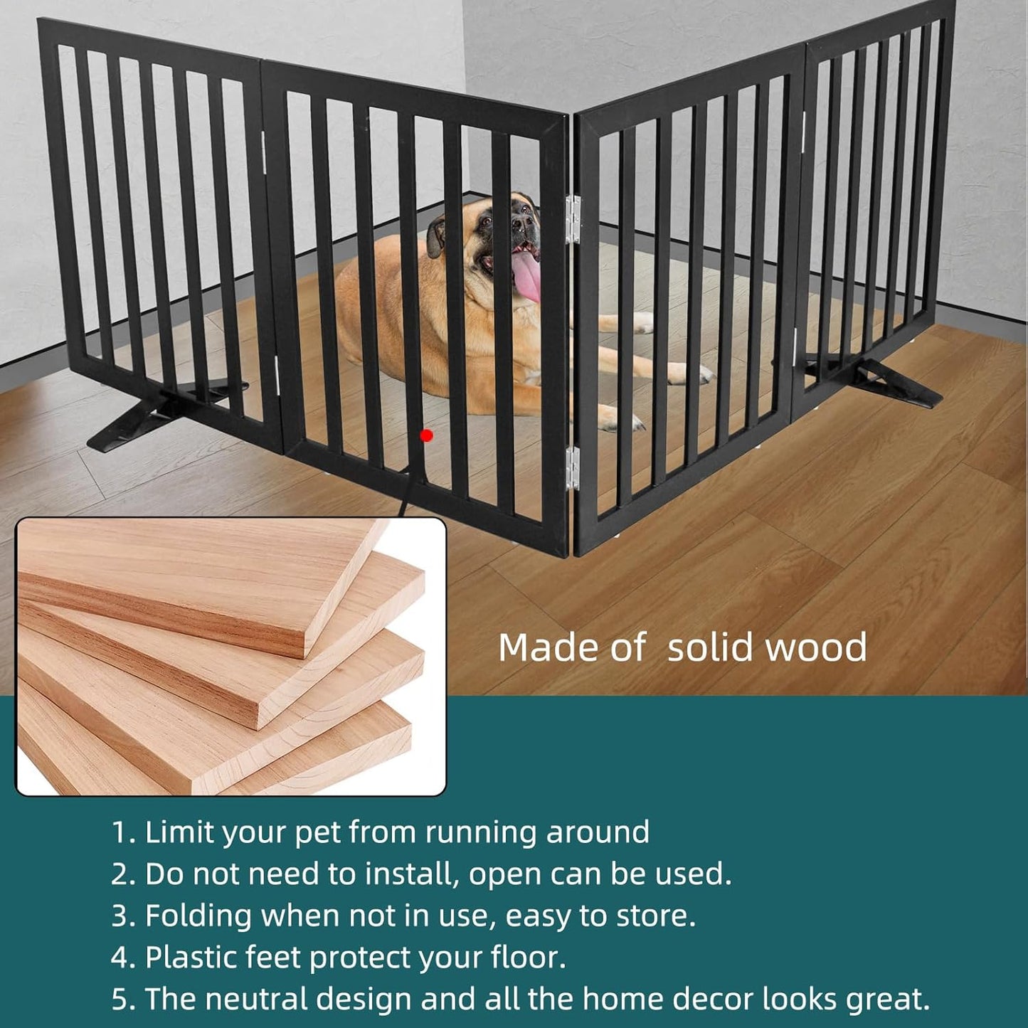 ZJSF Freestanding Indoor Dog Gate for House Foldable Wood Puppy Gate for Doorways Pet Gate for Stairs Extra Wide Pet Fence, Black, 32" Height 3 Panels
