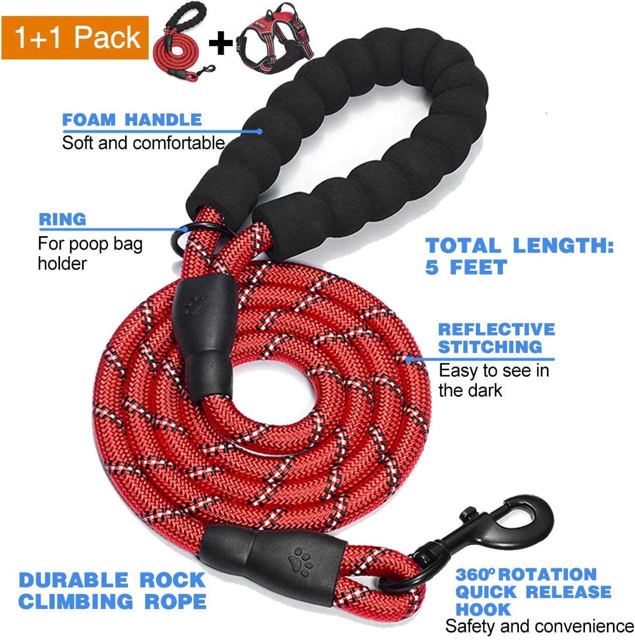 No Pull Dog Harness Adjustable Reflective Oxford Easy Control Medium Large Dog Harness with A Free Heavy Duty 5ft Dog Leash (M (Neck: 14.5"-20.5", Chest: 22"-28"), Red Harness+Leash)
