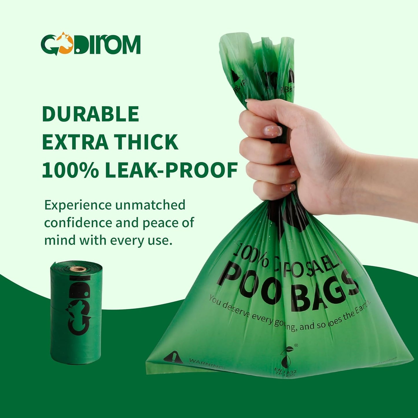 Certified 100% Compostable Poop Bags for Dogs, 120 Count Guaranteed Leak Proof and 18 Microns Extra Thick Dog Waste Bag, 18 Rolls of Plant Based Doggie Poop Bag, No Scented with ASTM D6400 & EN13432