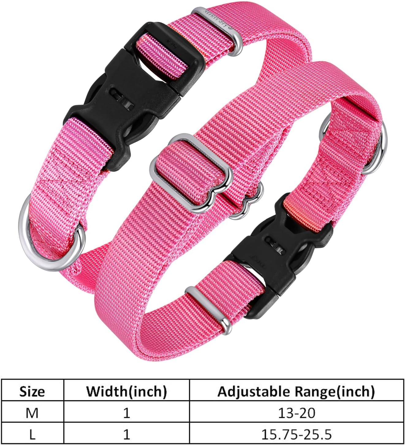 Mikivery Nylon Dog Collar with Quick Release Buckle Soft Adjustable Sturdy for Small Medium Large Dogs Pink,M