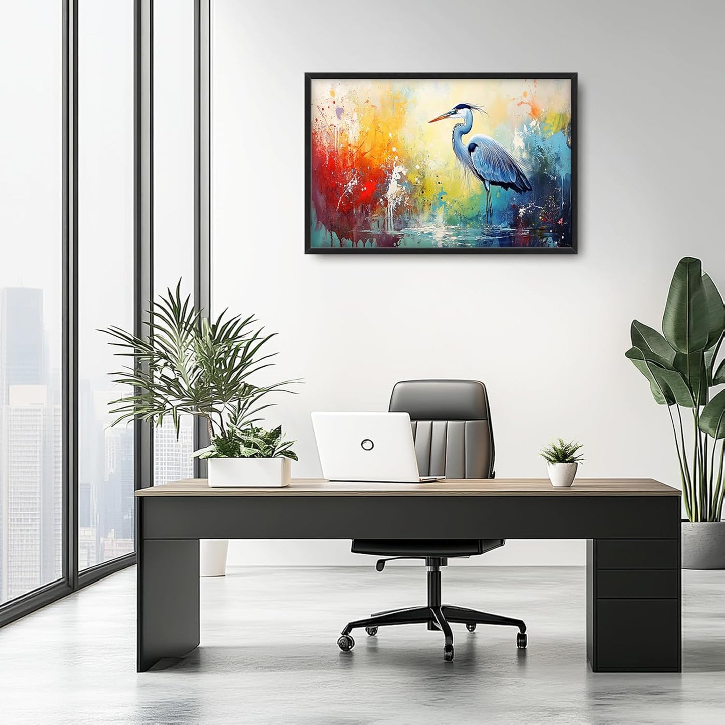 Extra Large Framed Abstract Heron Wall Art,Oversized Colorful Graffiti Heron Wall Decor Pictures for Living Room,Canvas Print Painting Modern Artwork Bedroom Office Bathroom Home Decor 36L x 24W