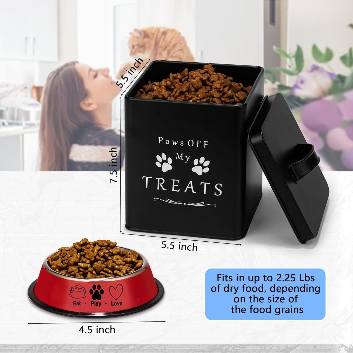 Meraki Home Farmhouse Cat Food and Treats Containers + Feed Scoop + Pet Food Bowl - Tight Lids - Large Metal Storage Bin - Great Gift for Cute Pets (Matte Black)