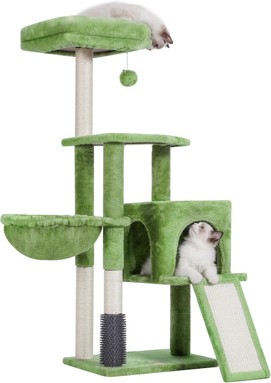 Heybly Cat Tree with Cat Self Groomer Brush, Cat Tower Condo for Indoor Cats with Padded Plush Perch, Cat House with Basket Scratching Board Post, Green HCT005SGR