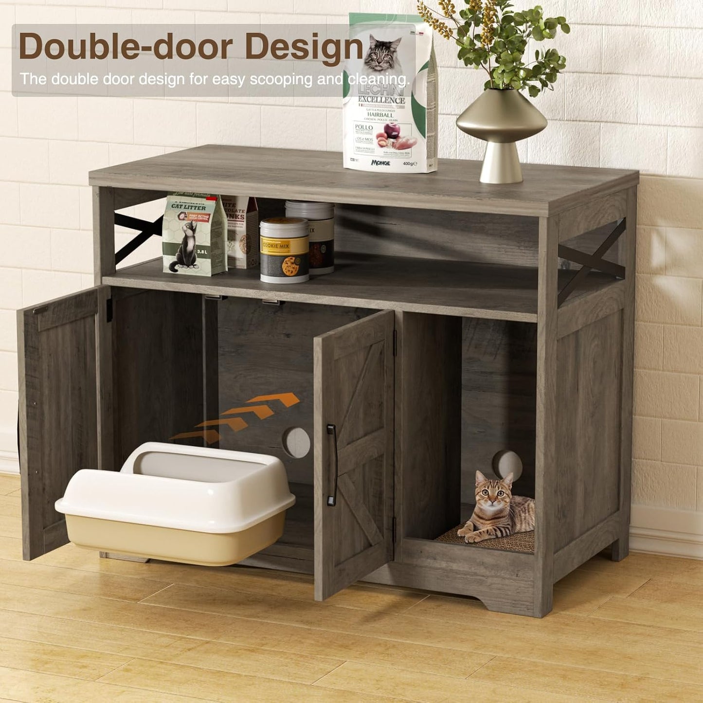 Cat Litter Box Enclosure, Hidden Litter Box Furniture with Scratch Pad, Farmhouse Indoor Cat House Washroom End Table, Grey