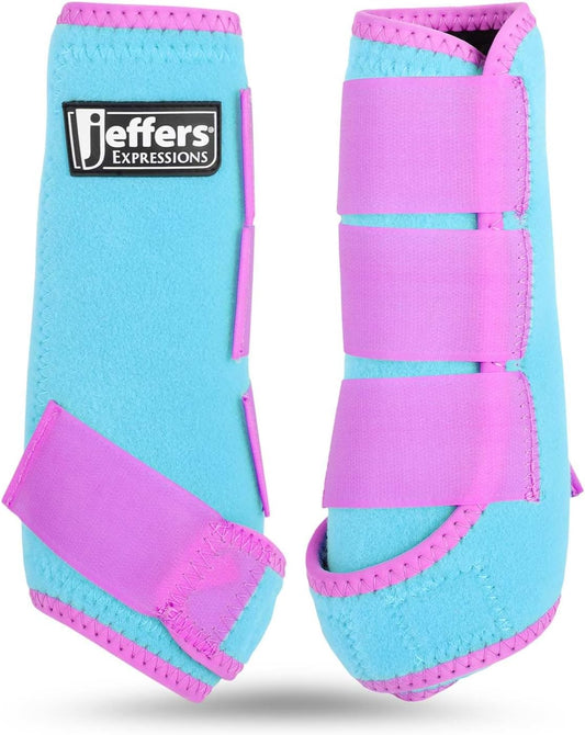 Jeffers Equine Neon Horse Boots – 1 Pair – Turquoise & Purple – Small Size – Breathable Neoprene, Secure Straps Closures – Durable Protection for Front & Hind Legs, Training, Trail & Riding Use