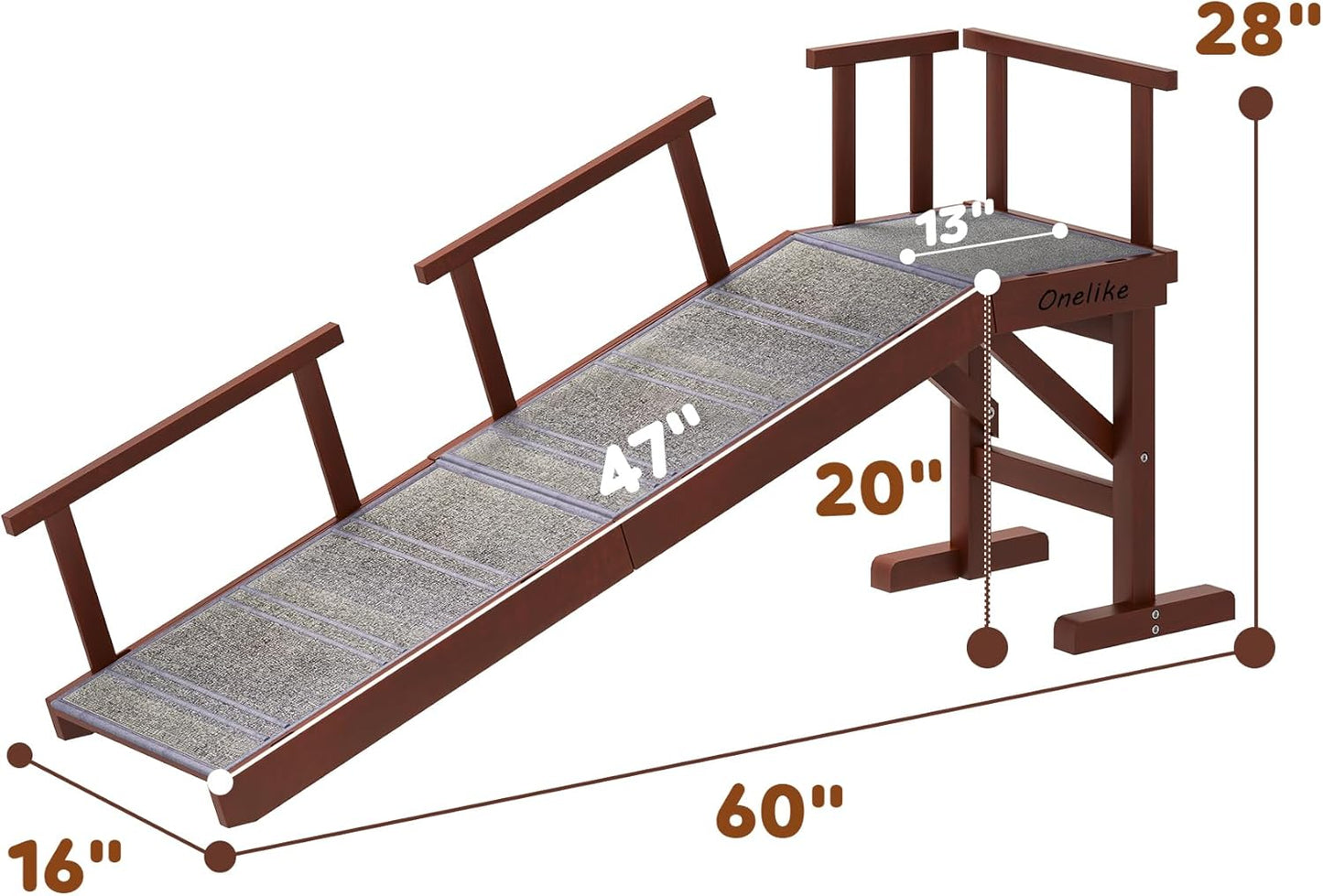 Onelike Wooden Dog Ramp for Bed with Removable Side Rail and Non-Slip Carpet, Stable Pet Ramp Stair for Couch Sofa for Small & Large & Senior Dogs, 60" Long Ramp Brown