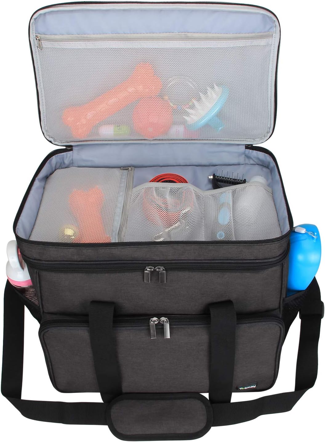 Teamoy Double Layer Dog Travel Bag, Dog Bag for Supplies with 2 Silicone Collapsible Bowls, 2 Food Carriers, 1 Water-Resistant Placemat, Pet Supplies Weekend Tote Organizer (Large, Black)