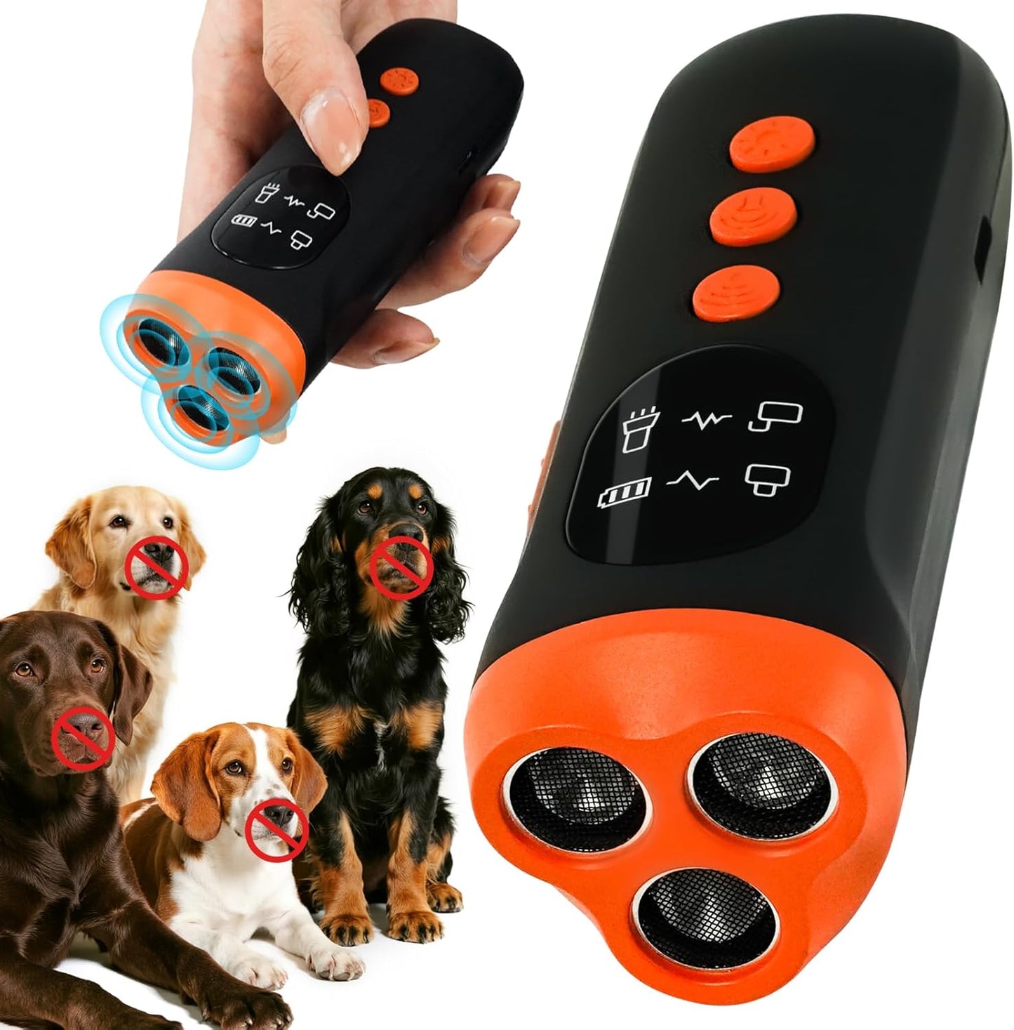 Ultrasonic Dog Bark Deterrent Device 3X Ultrasound Anti Barking Device Safe for All Dogs Training Tools Up to 50ft for Indoor Outdoor with Flashlight Rechargeable Training Device